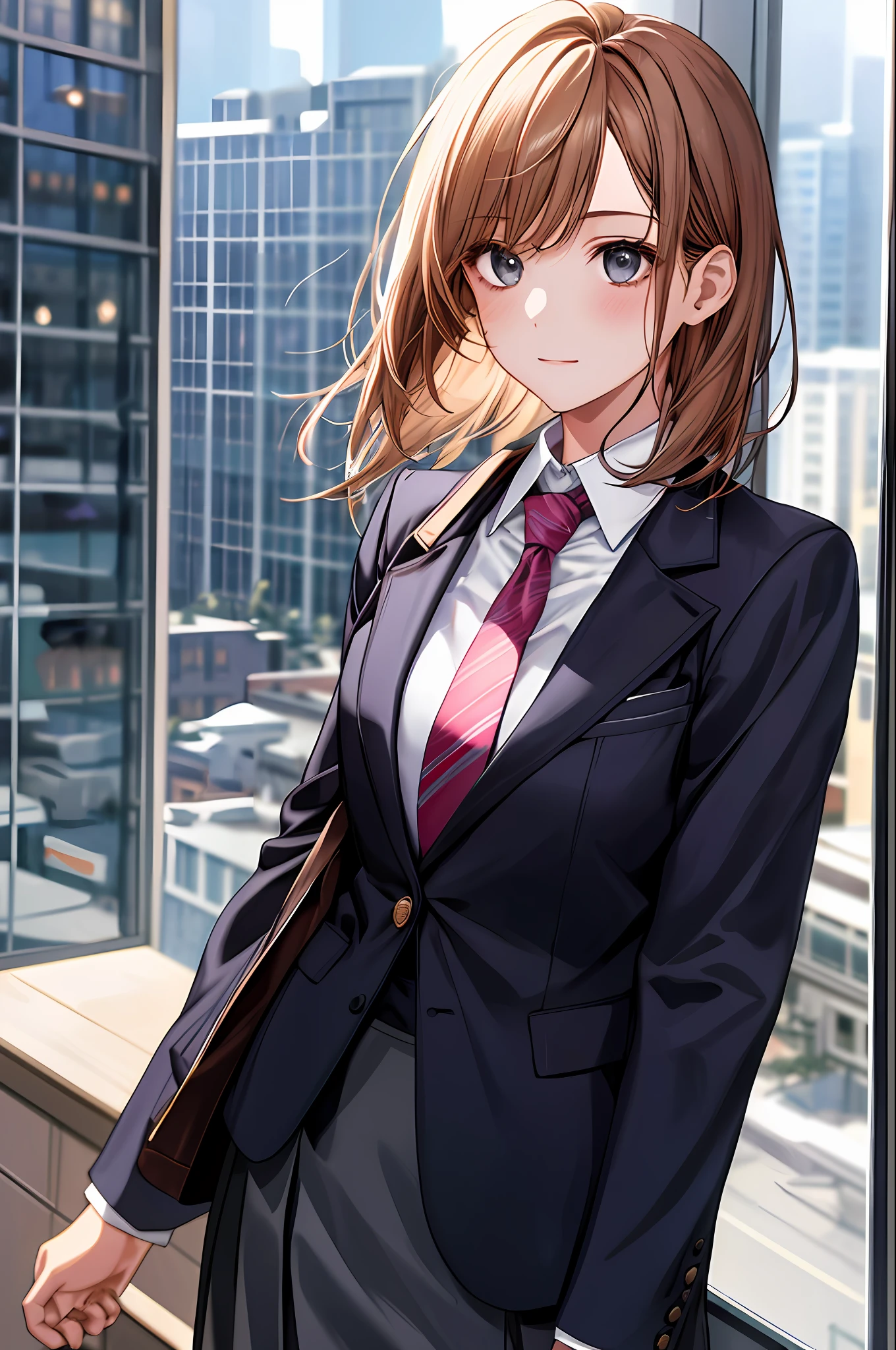 1girl, face focus, adult, business suit, jacket, white shirt, necktie, skirt, best quality, hires, detailed face, office, buildings from window, detailed background, diffused sunlight, depth of field,