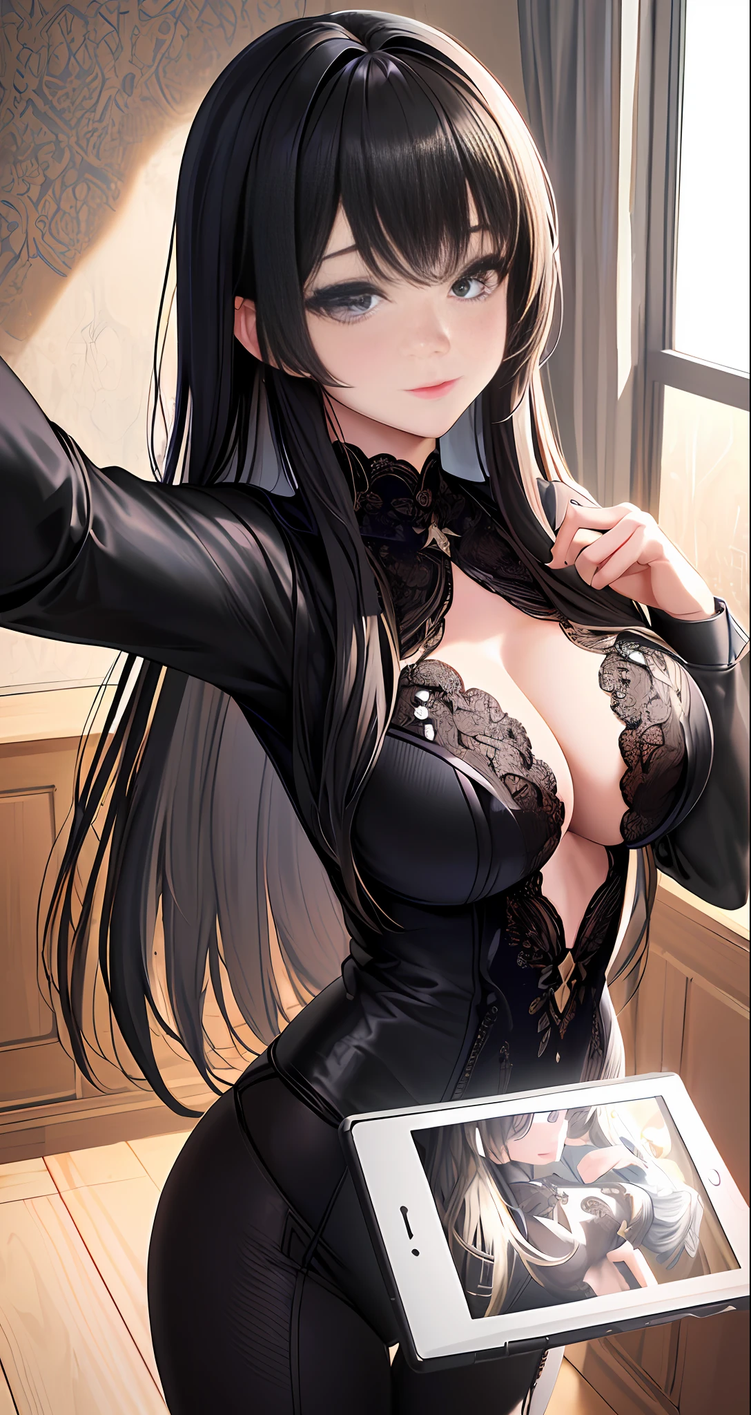 (original) , (very detailed wallpaper) , (best quality) , (masterpiece) , photographic reality, realistic, very detailed illustrations , beautiful eyes, (delicate face) , perfect detail, (best lighting) , (super complex details) , ultra-detailed, 
kogal,((selfie)), ((black suit1.5)), 
4K unified, (super detailed CG: 1.2) , (8K: 1.2) , realistic, octane rendering