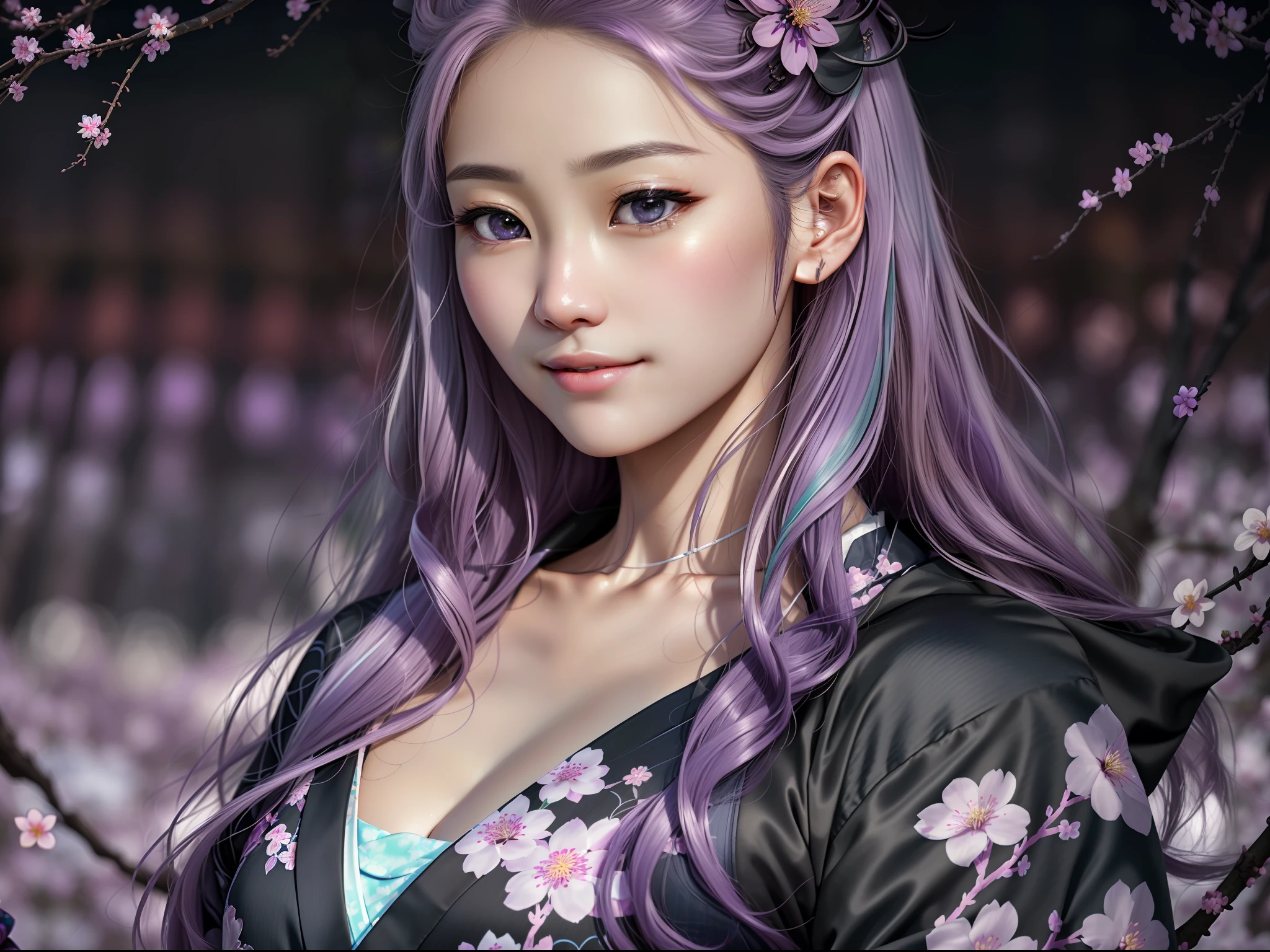Photography, (4k, 16k, masterpiece, RAW photo, best quality, detail:1.2), photorealistic, extremely detailed CG unity 8k, UHD, (extremely beautiful face, beautiful lips, beautiful eyes:1.3), intricate detail face, cinematic light, ultra high res, break illustration, ((1 girl)), beautiful detailed eyes, ((beautiful detailed shiny face)), blush, attractive expression, smile sweetly, ultra detailed view, hyper realistic character, (Her hair is colored lilac purple and partially pastel peach), long wavy hair with bang and cute hairpins, blue eyes, (wearing a yukata, black cherry blossom patterned kimono:1.2), walking pose, park full of flower with night sky scenery, long black yukata dress ((color)) with flower motive, braless, (Korean-Japanese like:1.5), 18years old, happy face,, hazel eyes, ultra realistic and detailed, reflection eyes ultra realistic, skin perfect, with vibrant meticulously detailed intricate long curly glowing and flowing hair, Fantasy, Beautifully lit, raytracing Beautiful ambient lighting, lovely colors, Intricate details, fineart, max details, Ultra realistic, photo realism, Perfect anatomy, precise features.