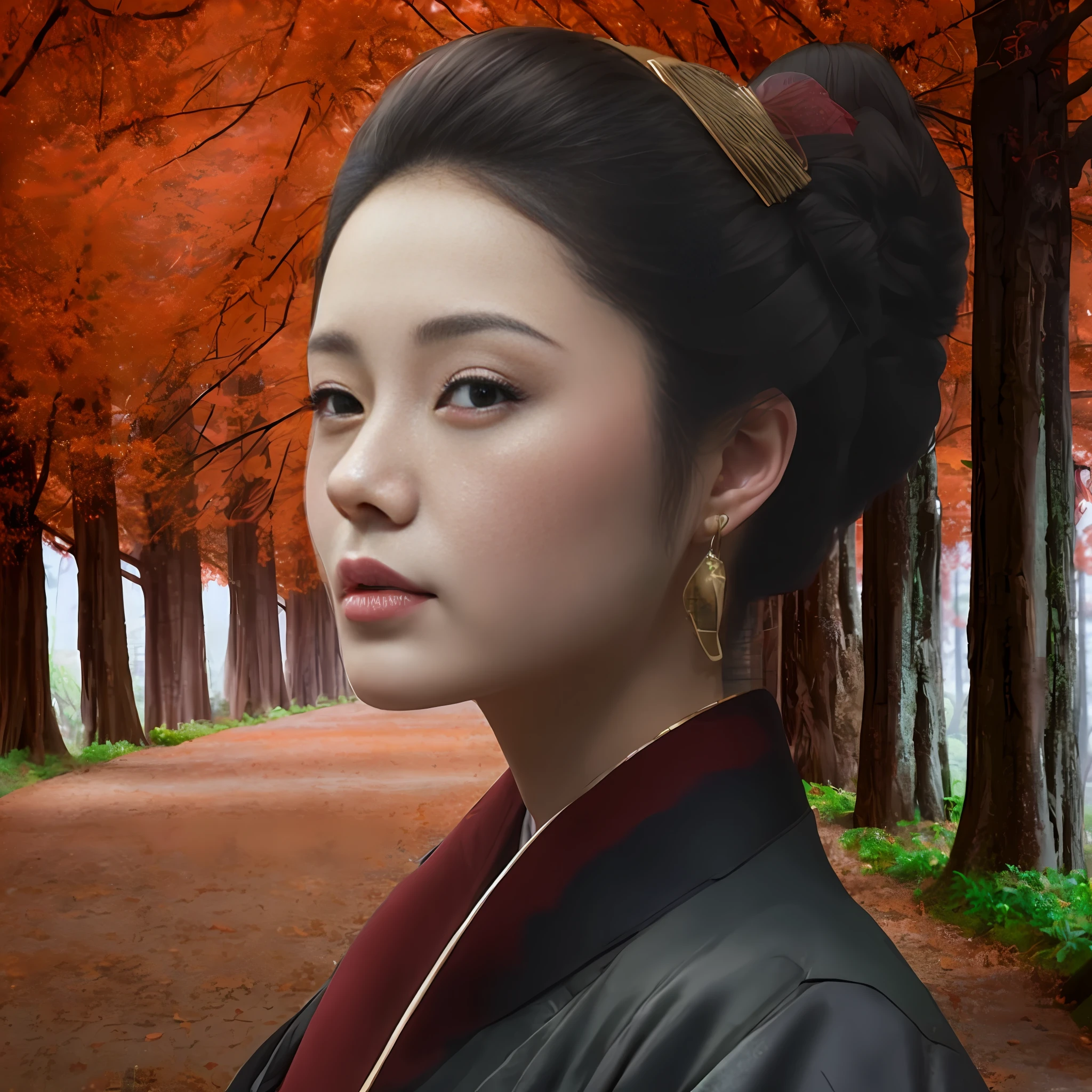 painting of a woman in a kimono outfit in a forest, autumnal empress, portrait of a japanese girl, elegant japanese woman, portrait of geisha, inspired by Itō Shinsui, portrait of a beautiful geisha, inspired by Chizuko Yoshida, portrait of a geisha, chie yoshii, ghibli tom bagshaw, portrait of mulan