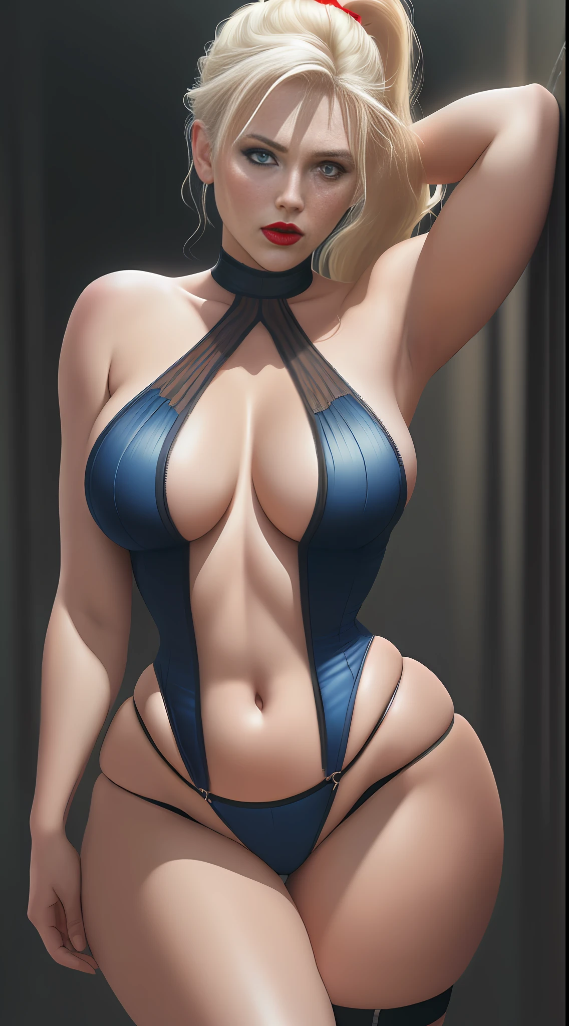(Scarlet Johansson)), wearing sexy corset, socks and garter belt, (((huge breasts, neckline))), ((thick thighs, hourglass figure)), (((thick red lips)), ( (blue eyes)), ((long ponytail)), (((blonde hair)) photorealistic, photo, masterpiece, realistic, realism, photorealism, high contrast, photorealistic digital art trend on Artstation 8k HD high definition detailed realistic, detailed, skin texture, hyperdetailed, realistic skin texture, best quality, ultra high resolution, (photorealistic: 1.4), high resolution, detailed, raw photo, sharp re, by lee jeffries nikon d850 film stock photography 4 kodak portra 400 camera f1 0.6 colors rich in lenses realistic texture hyper realistic lighting irrealengine dramatic lighting trending on artstation cinestill 800,