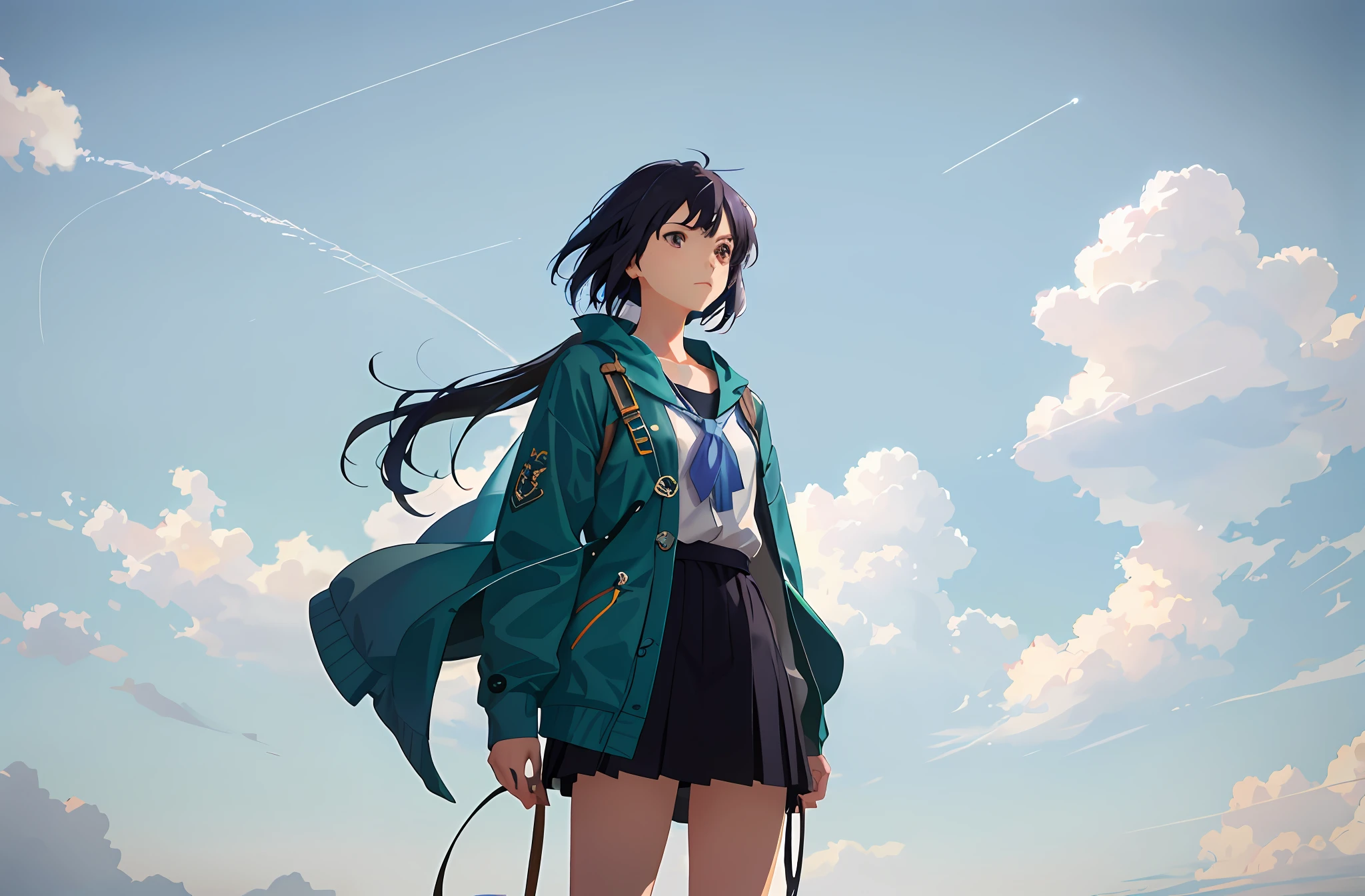 Small 20s girl in center, contrails, summer, Makoto Shinkai concept art, tumblr, magical realism, beautiful anime scene, beautiful sky. Makoto Shinkai, ((新海誠)), anime background art, anime background, Makoto Shinkai's style, anime movie background, galaxy express, no human. --v6