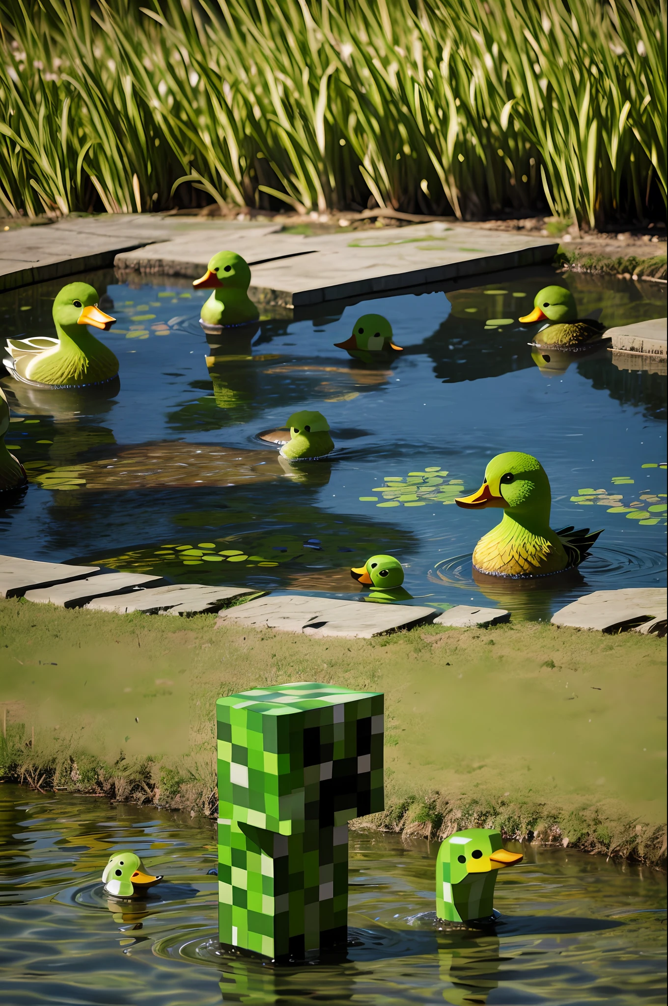 Creeper looking at ducks in pond in park, high detail, clear focus, full body, realistic, HDR, small child