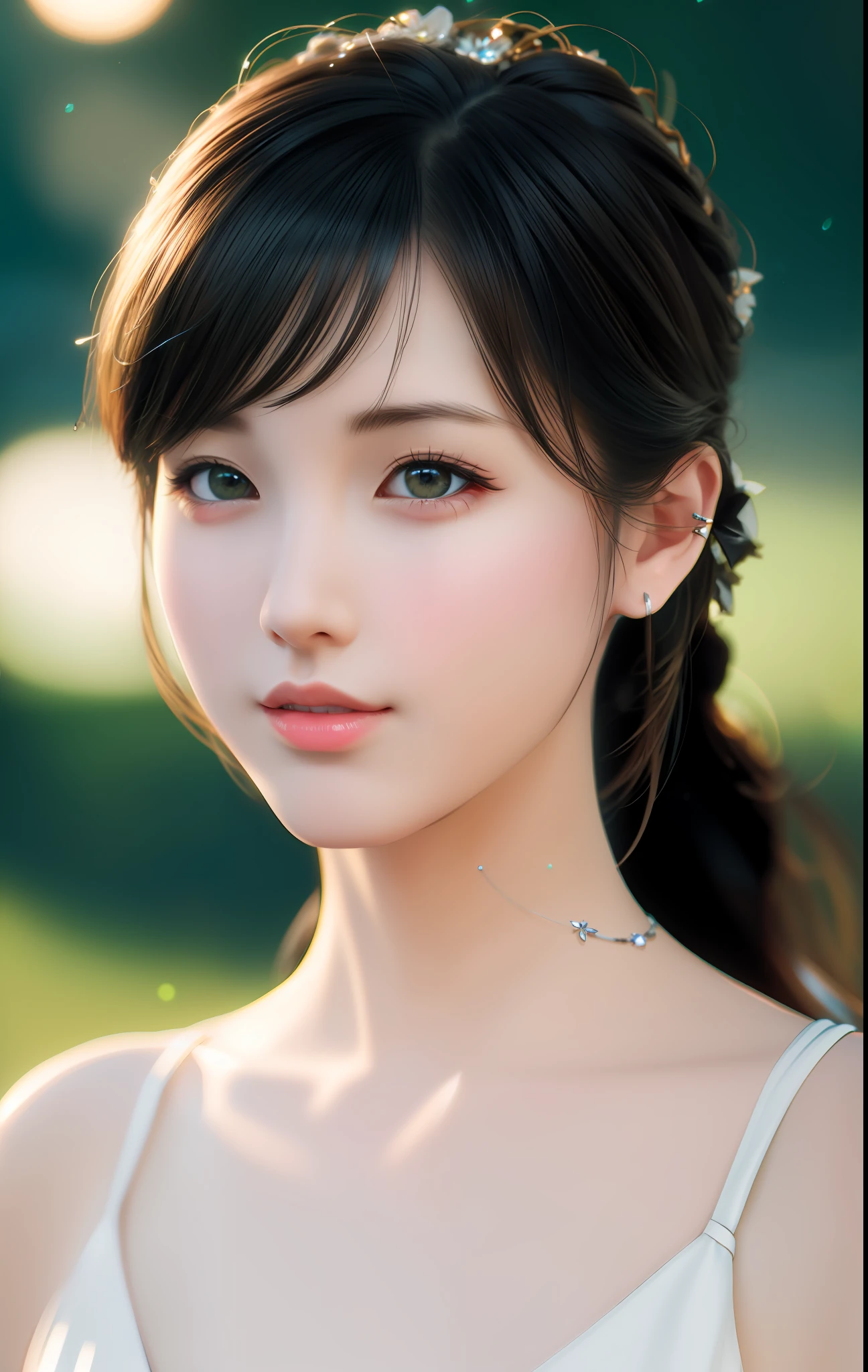Best Quality, Masterpiece, High Resolution, 1 Girl, Porcelain Dress, Hair Accessories, Necklace, Jewelry, Beautiful Face, Physical, Tyndall Effect, Realistic, Dark Studio, Rim Lighting, Duotone Lighting, (High Detail skin: 1.2), 8k uhd, DSLR, soft light, high quality, volumetric light, sneak shot, photo, high resolution, 4k, 8k, bokeh