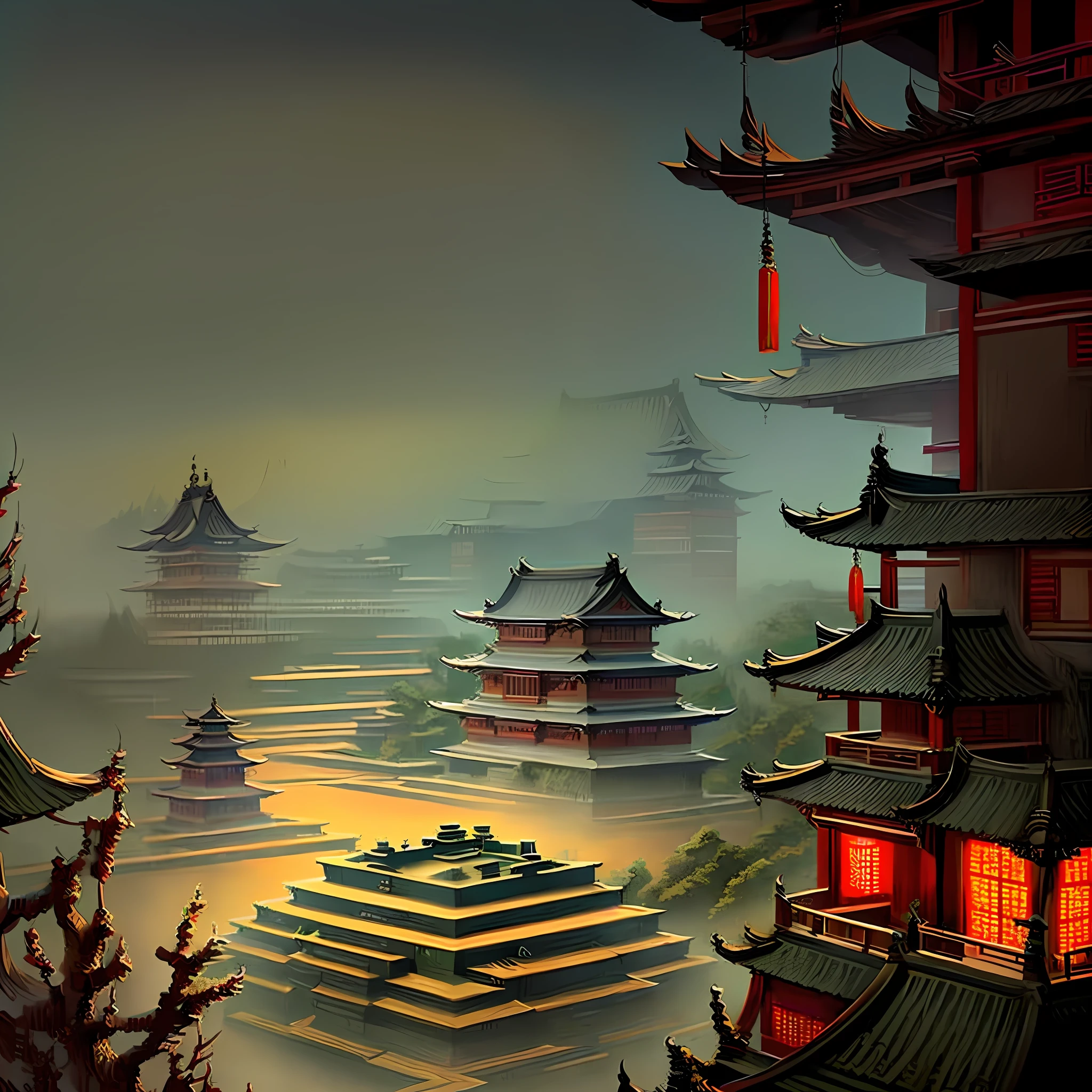 A peaceful, mysterious Chinese or Japanese temple scene, quaint rendering (can specify the style of the Tang Dynasty, the Three Kingdoms of China, feudal Japan, etc.); Buildings such as Chinese villages or Japanese towns in the background; The building is rich in detail and presented in close-up.
