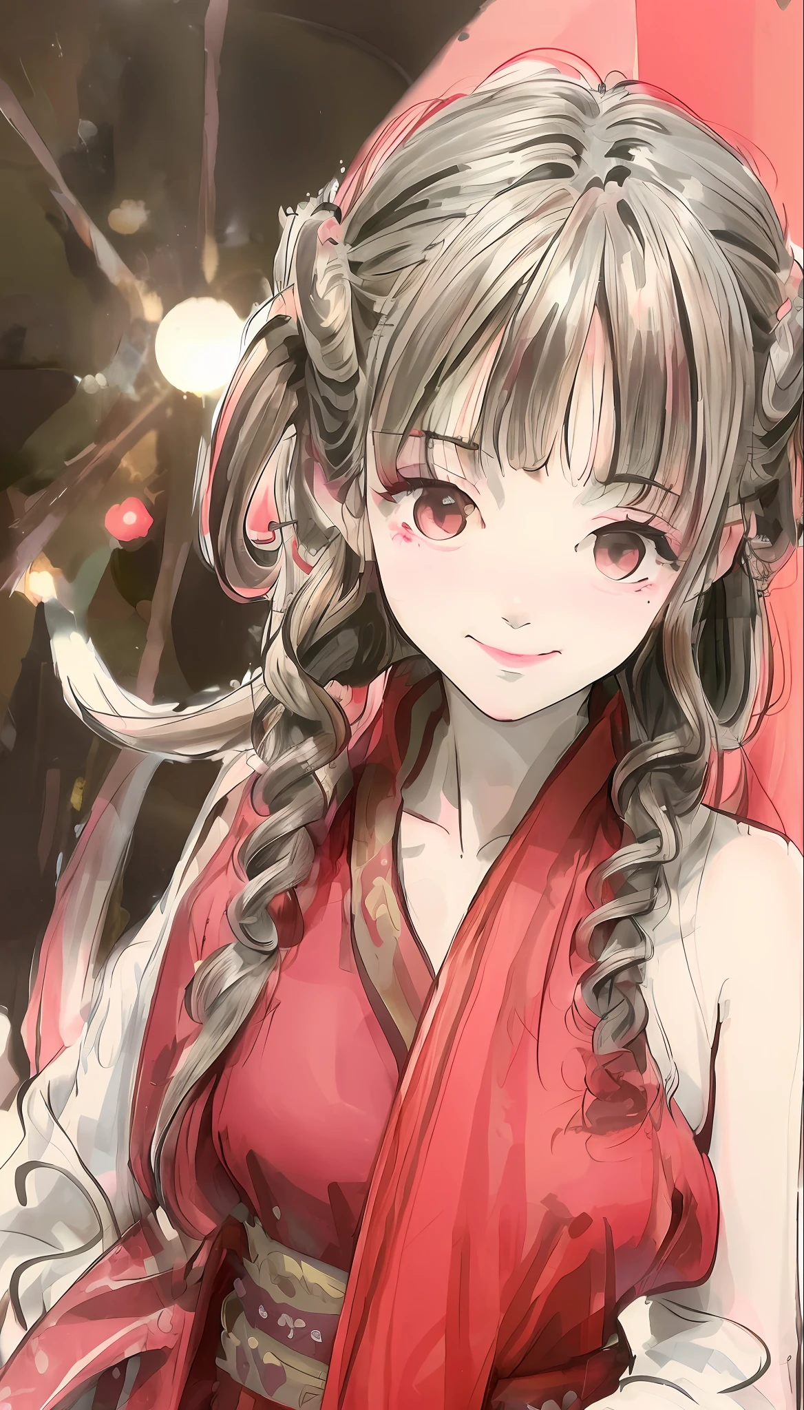 (8K, Best Quality, Masterpiece:1.2), (Realistic, Realistic:1.37), Cute, Night, Dating, (Nose Red), (Smile: 1.15), 1girl wearing Mingstyle Dress, (Lingstyle, Hanfu: 1.2), ((Best Quality)), ((High resolution)), Ray tracing, Bokeh, hiten1,