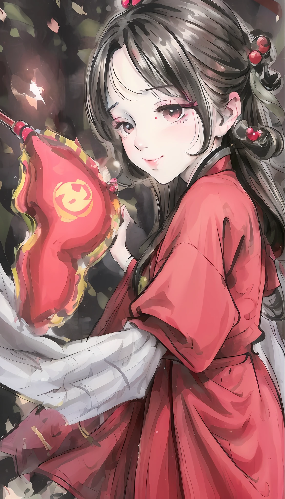 (8K, Best Quality, Masterpiece:1.2), (Realistic, Realistic:1.37), Cute, Night, Dating, (Nose Red), (Smile: 1.15), 1girl wearing Mingstyle Dress, (Lingstyle, Hanfu: 1.2), ((Best Quality)), ((High resolution)), Ray tracing, Bokeh, hiten1,