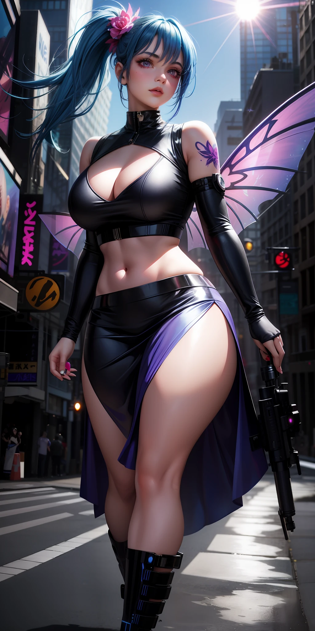 realistic, 1girl, blue hair, purple eyes, bright eyes, cropped top, skirt, lips half-open, blush, night, flowers, sun, sunlight, multiple poses, cyberpunk, curvy body, model, fairy wings, tattoo, neon,