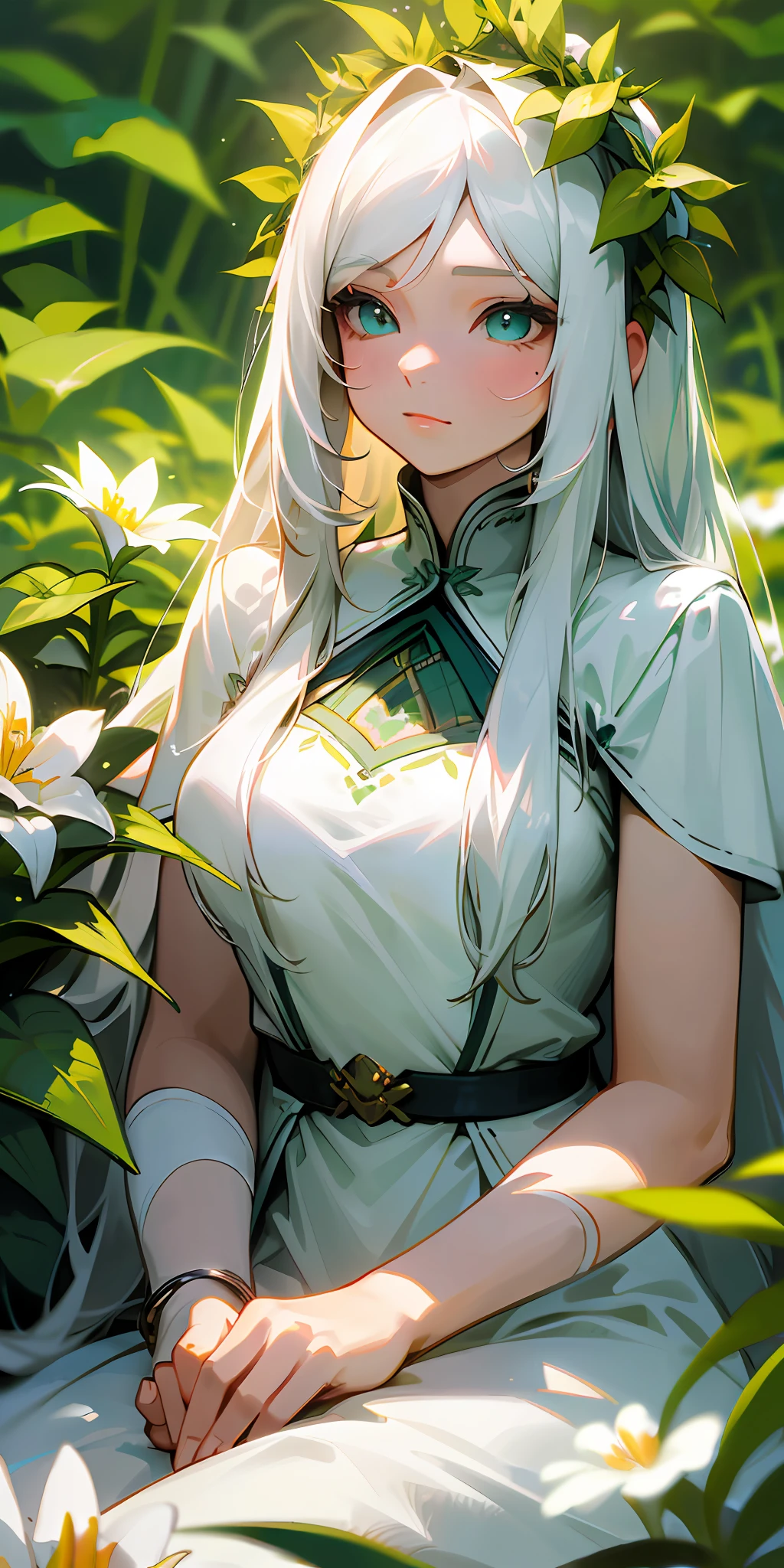 (masterpiece, best quality),1girl with long white hair sitting in a field of green plants and flowers, her hand under her chin, warm lighting, white dress, blurry foreground