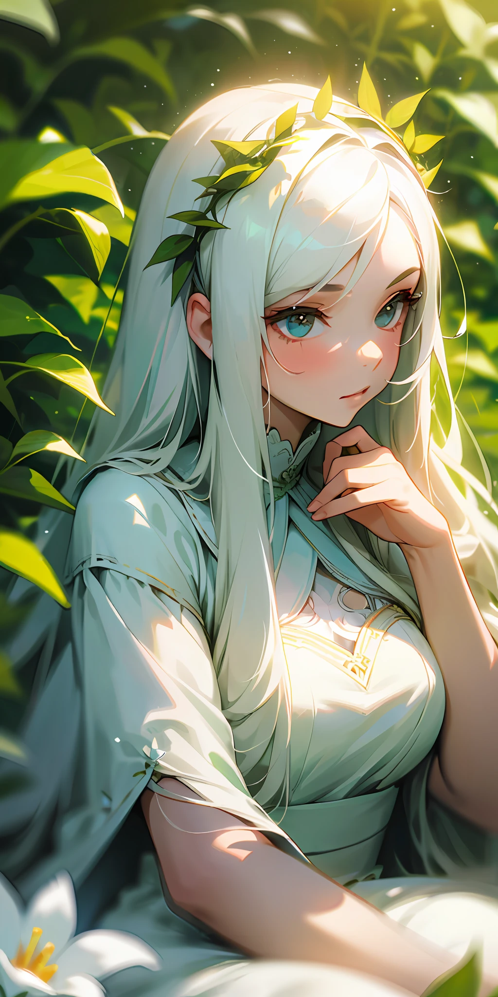 (masterpiece, best quality),1girl with long white hair sitting in a field of green plants and flowers, her hand under her chin, warm lighting, white dress, blurry foreground