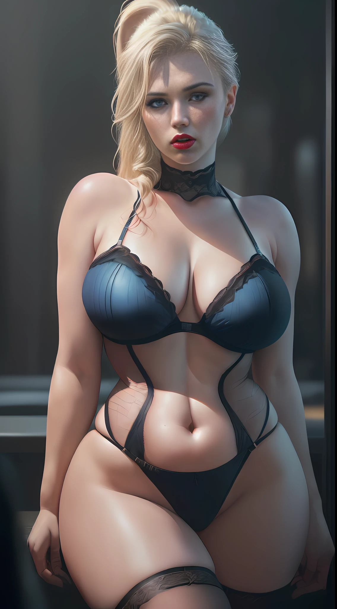 (Scarlet Johansson)), wearing sexy lingerie, socks and garter belt, (((huge breasts))), ((thick thighs, hourglass figure)), (((thick red lips)), ( (blue eyes)), ((long ponytail)), (((blonde hair)) photorealistic, photo, masterpiece, realistic, realism, photorealism, high contrast, 4K UHD high definition detailed realistic, detailed, skin texture, hyperdetailed,  realistic skin texture, best quality, ultra high resolution, (photorealistic: 1.4), high resolution, detailed, raw photo, sharp resolution, by lee jeffries nikon d850 film stock photography 4 kodak portrait 400 camera f1 0.6 colors rich in lenses realistic texture hyper realistic lighting unrealengine dramatic lighting trending on artstation cinestill 800