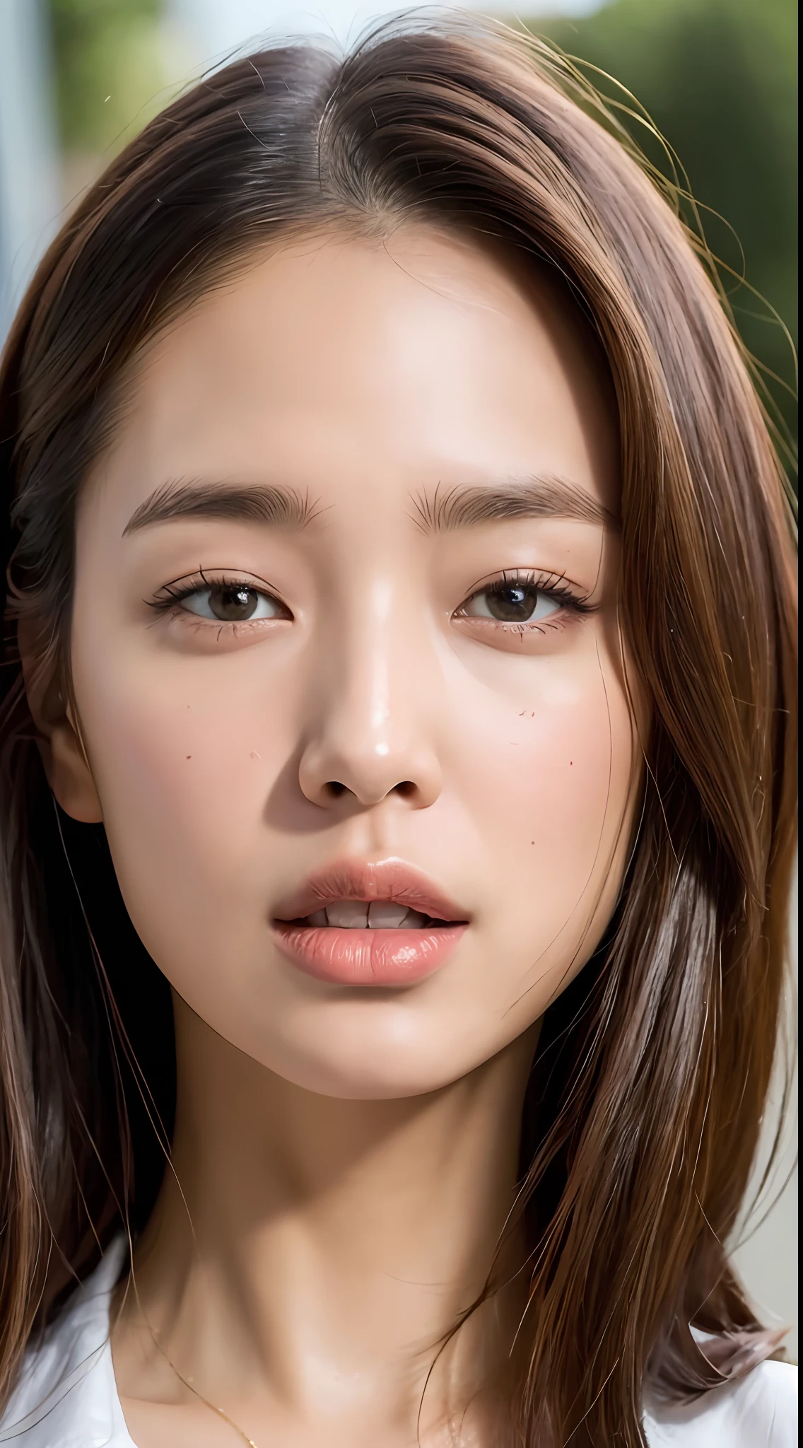 ((top quality, 8k, masterpiece: 1.3)), crisp focus: 1.2, beautiful woman with perfect figure: 1.4, ((layer cut, small: 1.2)), (very thin white shirt: 1.1), street: 1.2, highly detailed face and skin texture, detailed eyes, double eyelids, solo, from below, face closeup, sexual expression, perfect nasal passages