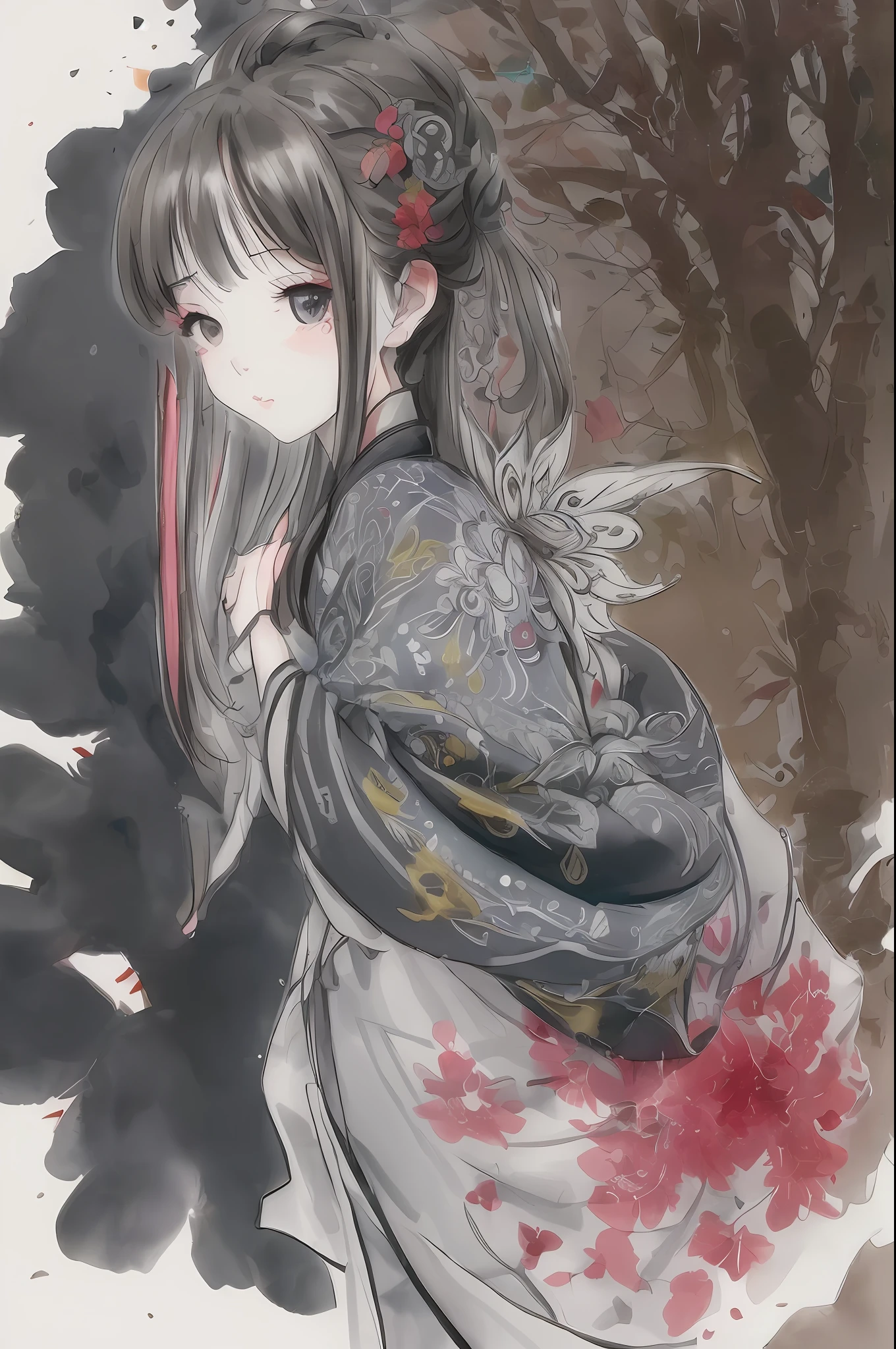 shuimobysim, (white background:1.4), ((tachi-e)), original,(illustration:1.1),(best quality),(masterpiece:1.1),(extremely detailed CG unity 8k wallpaper:1.1), (colorful:0.9),(panorama shot:1.4),(full body:1.05),(solo:1.2), (ink splashing),(color splashing),((watercolor)), clear sharp focus,{ 1girl standing },((chinese style )),(flowers,woods),outdoors,rocks, looking at viewer, make happy expressions,soft smile,pure,beautyfull detailed face and eyes,beautyfull intricacy clothing decorative pattern details, black hair,black eyes,