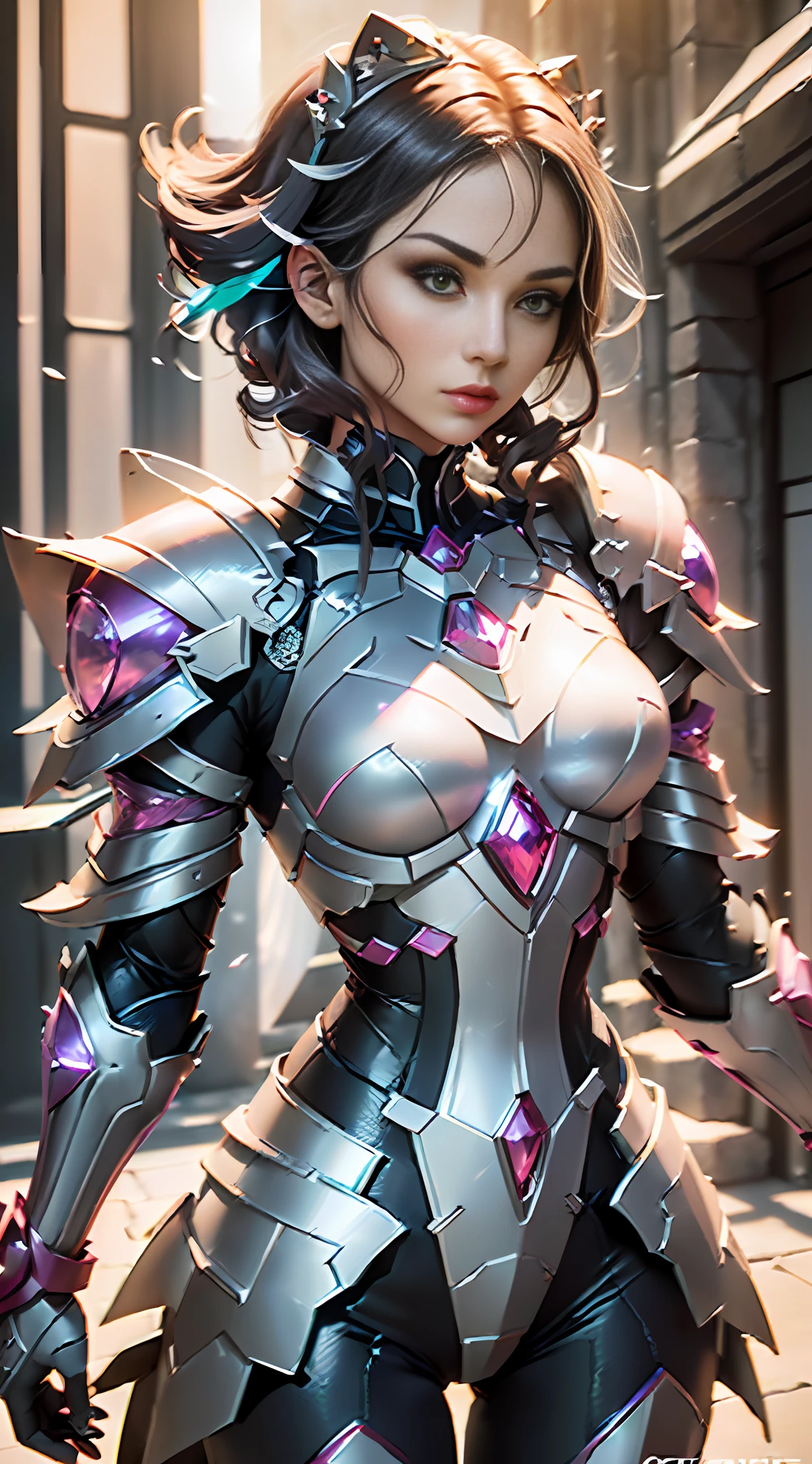 Armor female ninja, fantasy style, night, sexy, charming facial features, ready to fight, serious expression, (makeup: the color system is mainly bright white, plain silk, champagne and light pink, with a hint of aqua red or orange. Purple eyeshadow, black eyeliner and eyelash squares, coral color on lips to add freshness and texture throughout the makeup. Crystal material (3D rendered armor, refractive index: 1.76 - 1.78, reflectivity: 0.03 - 0.05, ambient light: between 20 - 50, color: dark red, moderate saturation, light source type: Ambient Light: 1.2, light source color: Northern lights, light source intensity: between 1 - 2, light source direction: the position and direction of the light source are adjusted appropriately according to the shape and material of the item, number of light sources: 2 - 3 light sources ) crystal exoskeleton, red cape, Beautiful Female Knight, Detailed Fantasy Art, Colorful Crystal Armor, (Color 0.5), (Crystal Texture: 1.5), Smooth Surface, High Transparency, High Definition, Texture and Detail in Material Interior, Piezoelectric Effect, Inverse Piezoelectric Effect, Optical Diffraction, Stunning Armor, 2.5 d CGI Fantasy Artwork, 4 k Detail Fantasy, High Detail, Surrealism, Cubism, Constructivism, chiaroscuro, ray tracing, backlighting, stereogram, cinematic lighting, UHD, retina, masterpiece, ccurate, anatomically correct, highres, best quality, textured skin, HD, 4K