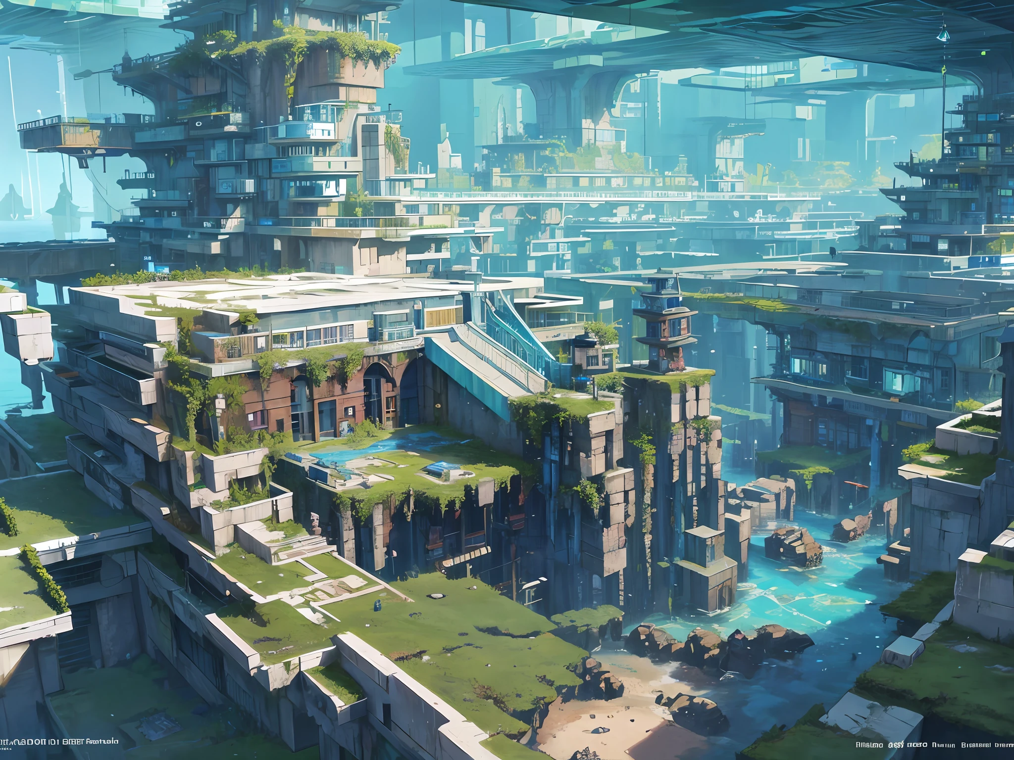 Color (Fantasy: 1.2), (Hayao Miyazaki style), (irregular building floating under the sea), patchwork houses, moss decorations, coral, lights, concept art inspired by Andreas Rocha, Artstation contest winner, fantasy art, (cyberpunk underwater city), ross tran, light axes, realistic lighting, masterpiece, high quality, beautiful graphics, high detail, masterpiece, high quality, beautiful graphics, high detail, --v6