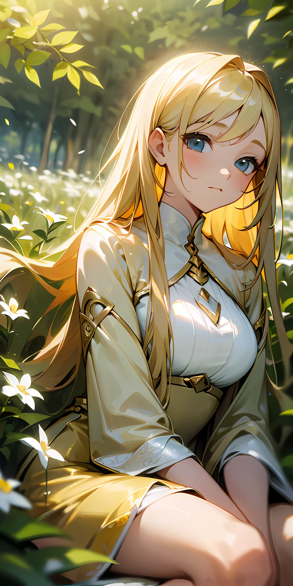 (Masterpiece, best quality), 1 long blonde girl sitting in a field of greenery and flowers, her hands under her chin, warm light, golden dress, blurred foreground