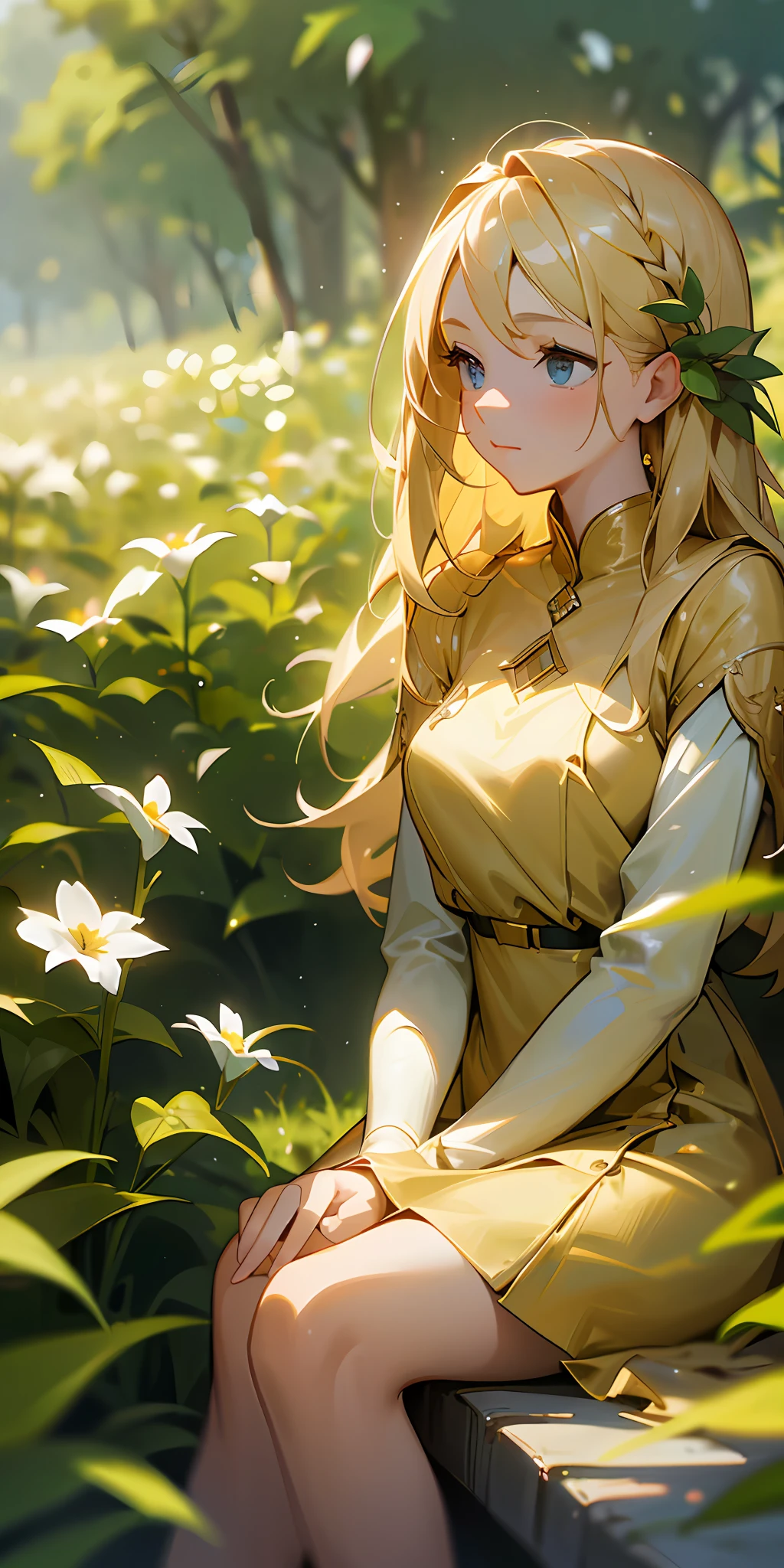 (Masterpiece, best quality), 1 long blonde girl sitting in a field of greenery and flowers, her hands under her chin, warm light, golden dress, blurred foreground
