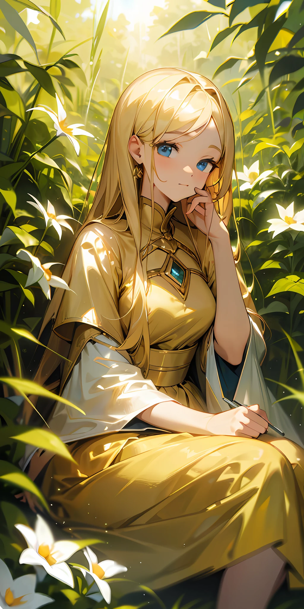 (Masterpiece, best quality), 1 long blonde girl sitting in a field of greenery and flowers, her hands under her chin, warm light, golden dress, blurred foreground