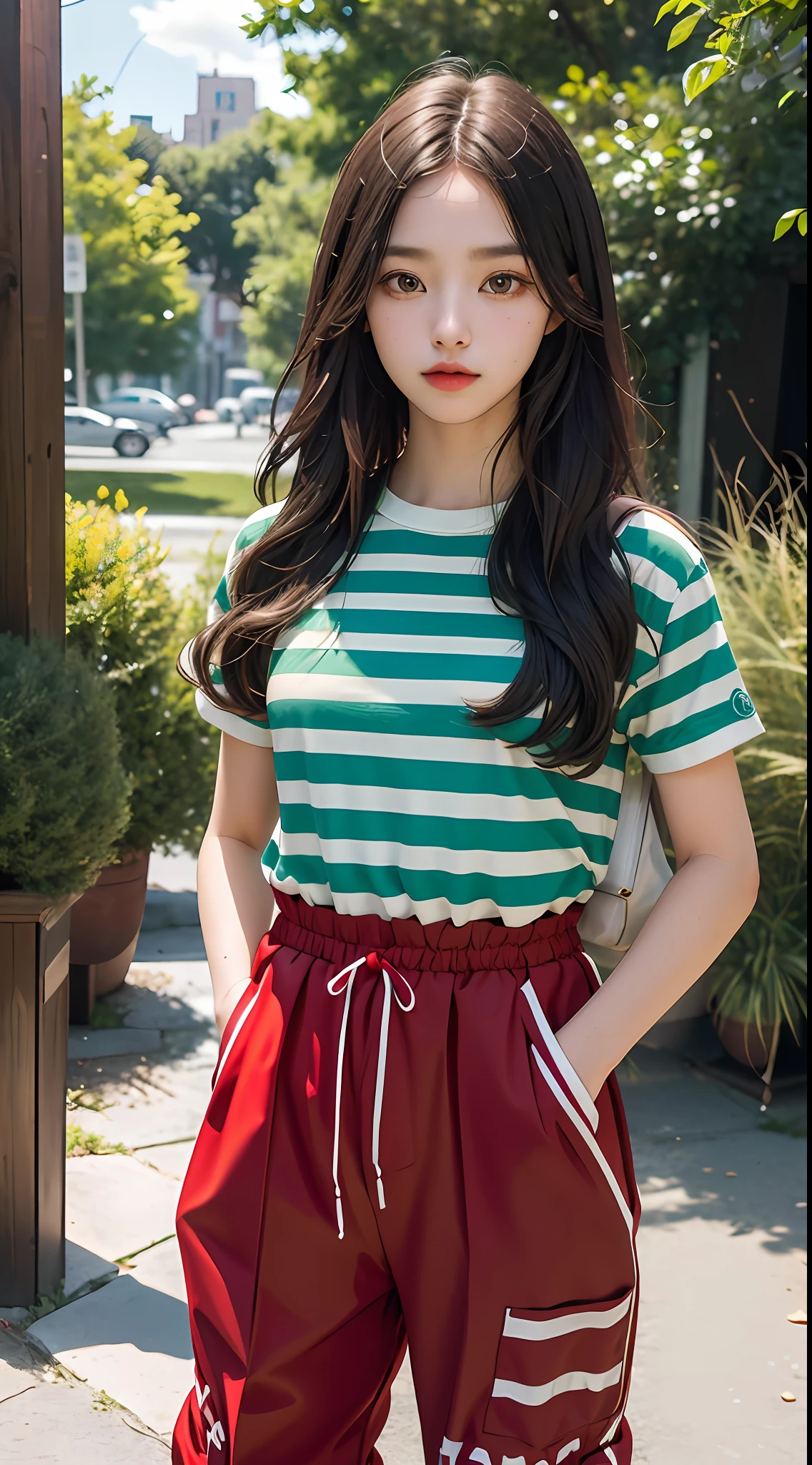 (masterpiece, best quality, pretty girl, beautiful face, 8k, raw photo, photorealistic, absurdres:1.2), teens, cowboy shot, dutch angle, (red striped shirt:1.2), facelight, film grain, chromatic aberration, highres, ultra detailed, finely detail, detailed skin and eyes and face, sharp pupils, realistic pupils, sharp focus, street, dark green baggy half pants