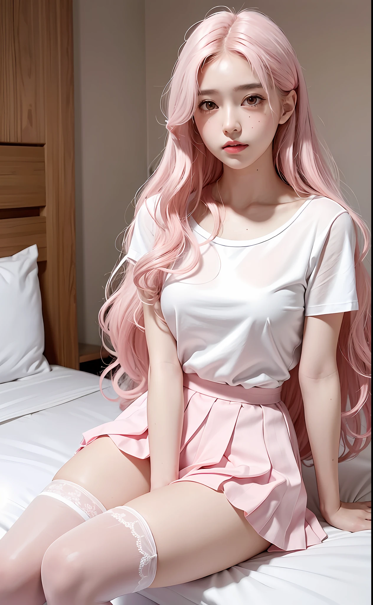 Realistic, high resolution, 1girl light pink wavy hair, Korean, pink eyes, thick eyebrows, small moles under the eyes, loose white big shirt, white short skirt, big breasts, small man's waist, thin thighs, white stockings, sitting on the bed