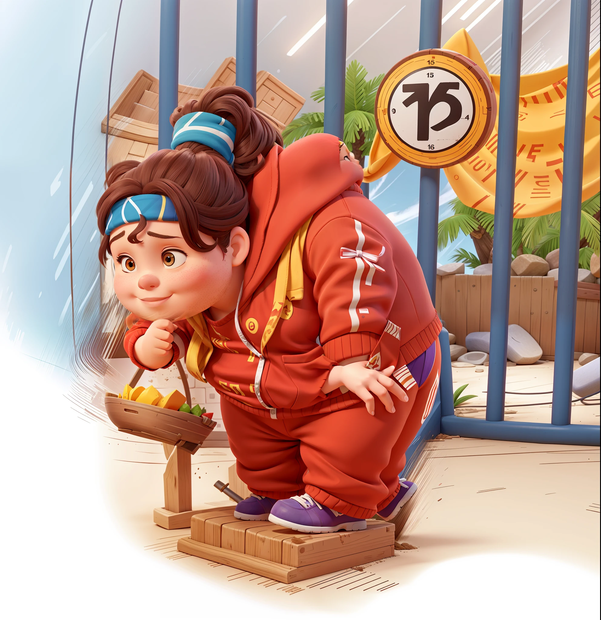 A very fat woman, standing on the scale, crushed the scale, brown hair, red tracksuit, yellow towel on her body, right hand touching her mouth, blue bandana on her forehead, purple shoes, standing on a twisted staircase, full body, lighting, background blur, perfect fingers