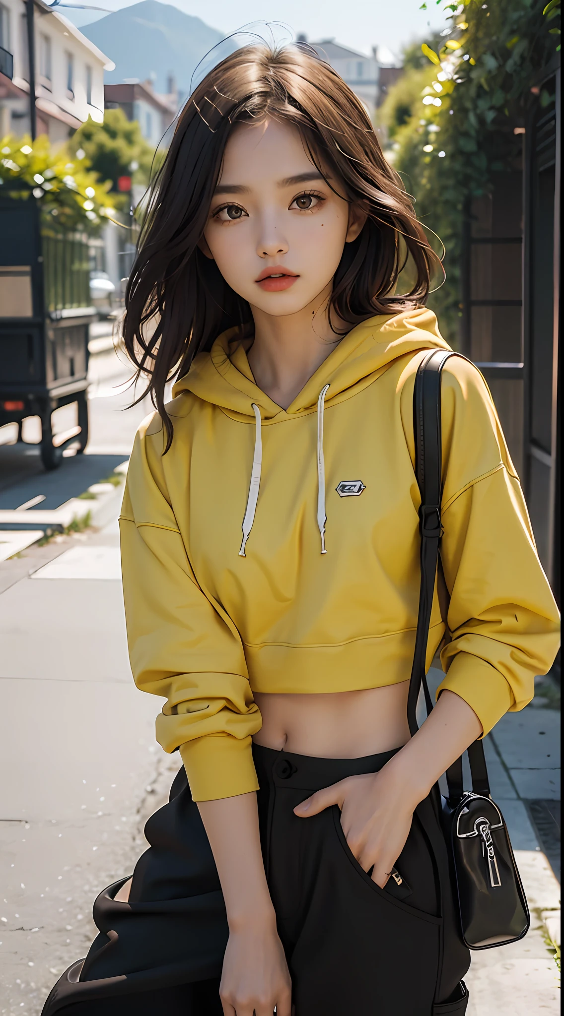 (masterpiece, best quality, pretty girl, beautiful face, 8k, raw photo, photorealistic, absurdres:1.2), orangish yellow crop top hoodie, s, cowboy shot, dutch angle, facelight, film grain, chromatic aberration, highres, ultra detailed, finely detail, detailed skin and eyes and face, sharp pupils, realistic pupils, sharp focus, street, (black baggy half pants:1.2)