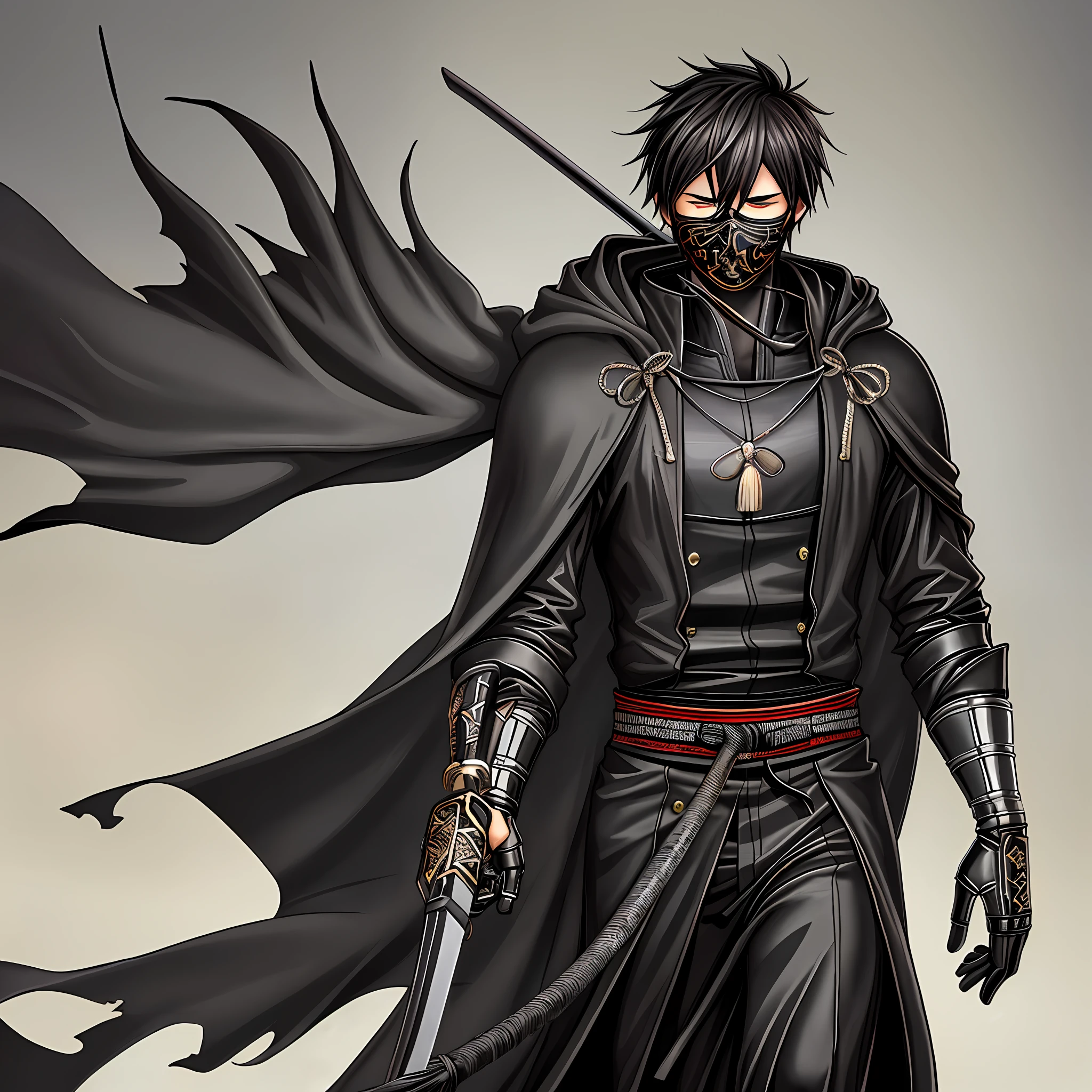 (best quality, extremely detailed CG art), a masked young man (masked boy), holding a black katana (Japanese sword), walking in a black hooded overcoat (mostly black hooded), dark background, mist, dramatic lighting.