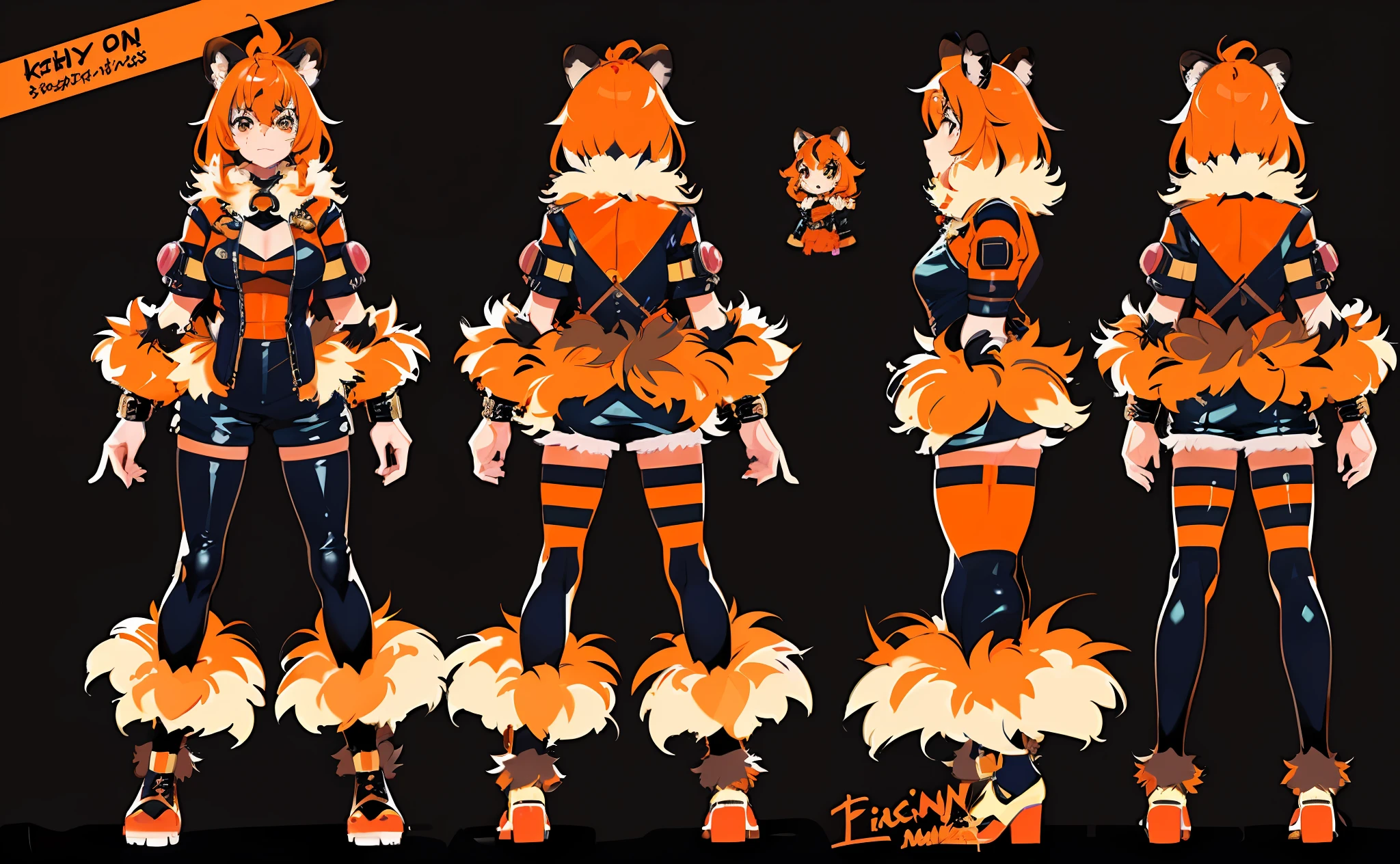 1girl, solo, kemono, tiger ears, tiger tail, orange fur, orange striped hair, european mafia, fantasy town, female, sexy leather suit, standing, fluffy tail, fluffy, sfw, character showoff, reference sheet, multiple views, different angles, same outfit,simple background