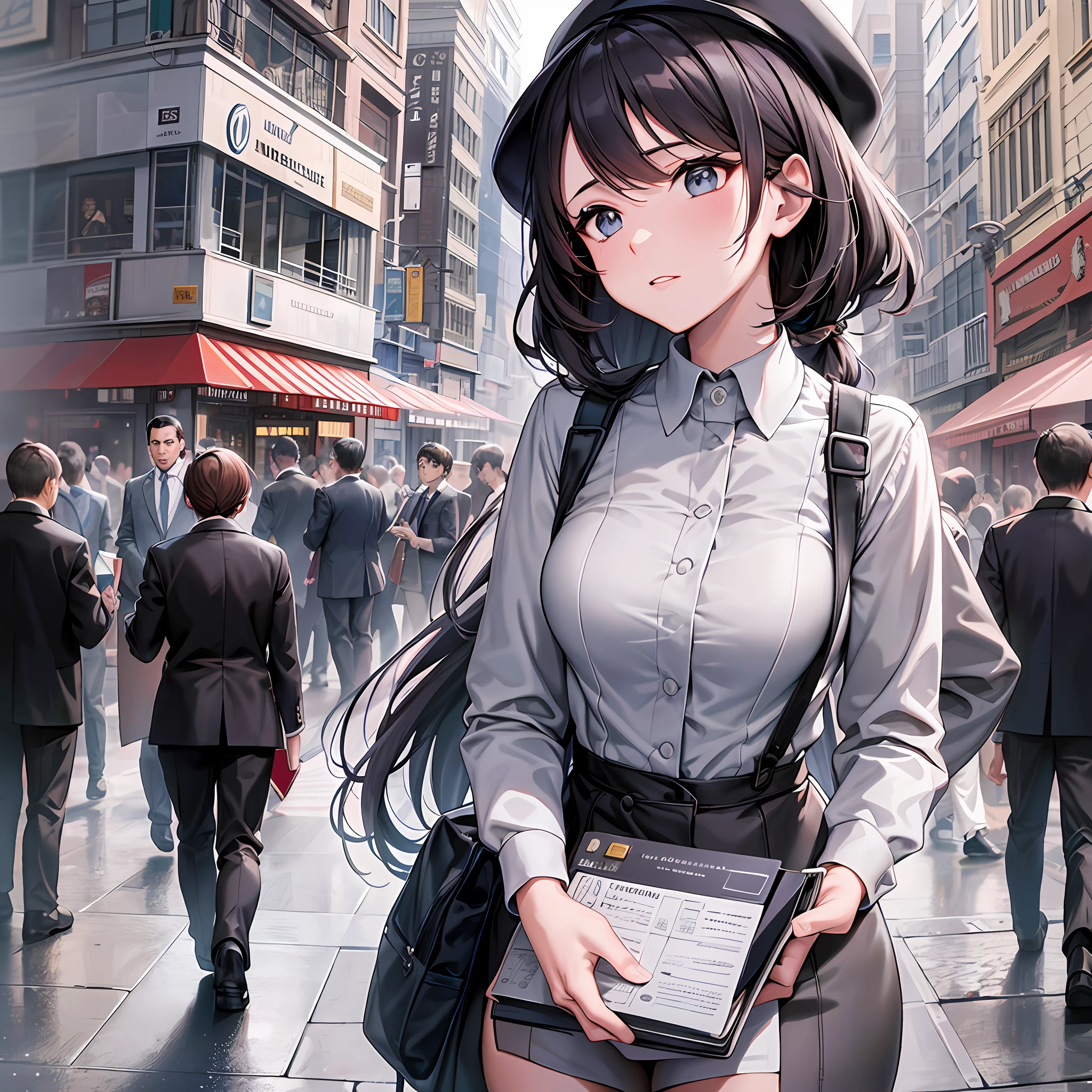 A woman holding a notebook on a bustling street, the details of the scene need to reflect the busyness, the contrast between noise and brightness, and the demeanor and movements of the characters need to be eye-catching.