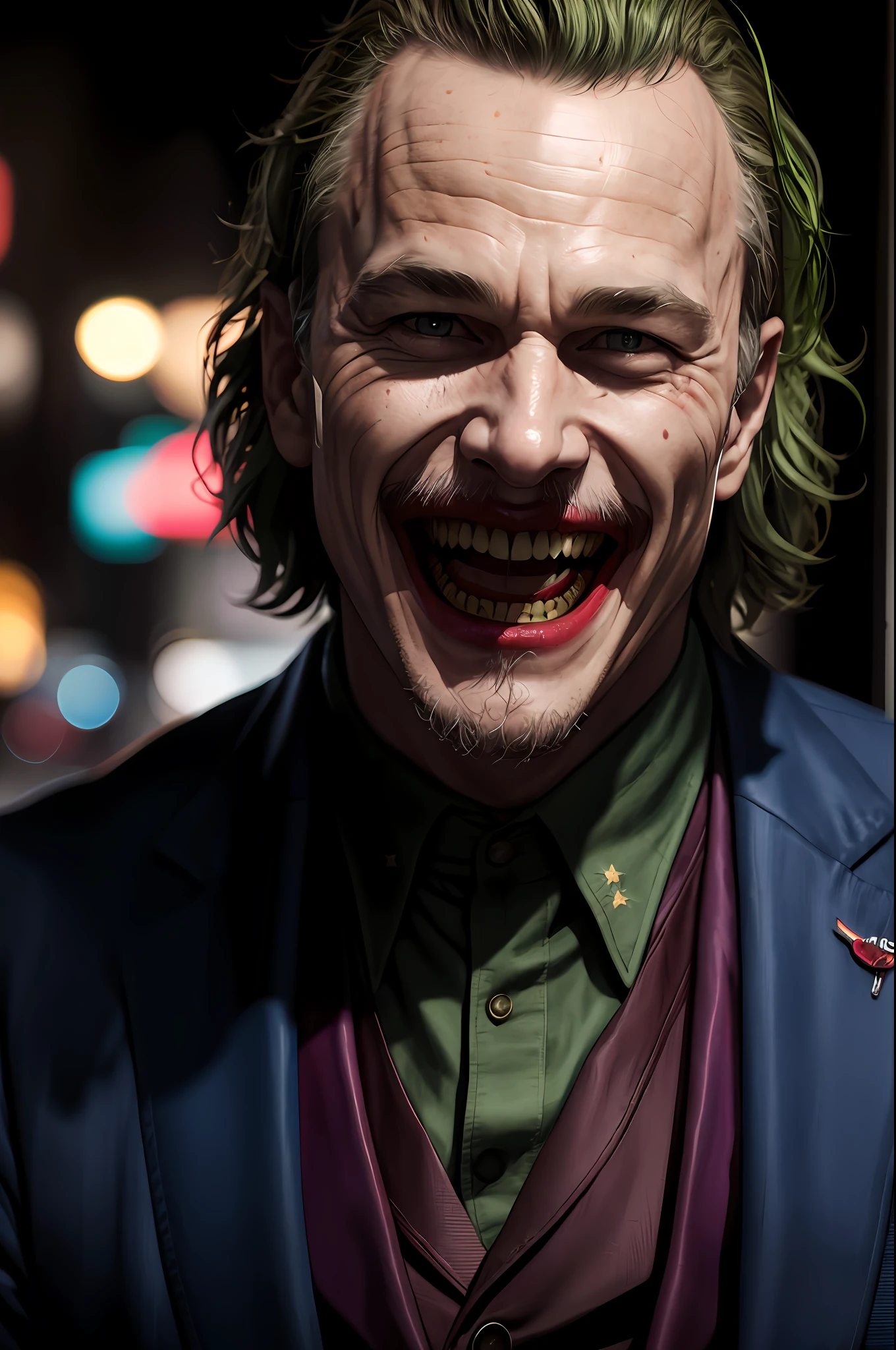 DC, Old Man Heath Ledger, Joker, Crazy Laughter, Realistic, Dynamic Lights, Old, Stubble, Full Shot, (Very Detailed CG Unified 8k Wallpaper), Trends on ArtStation, Trends on CGSociety, High Detail, Sharp Focus, Dramatic, Photorealism