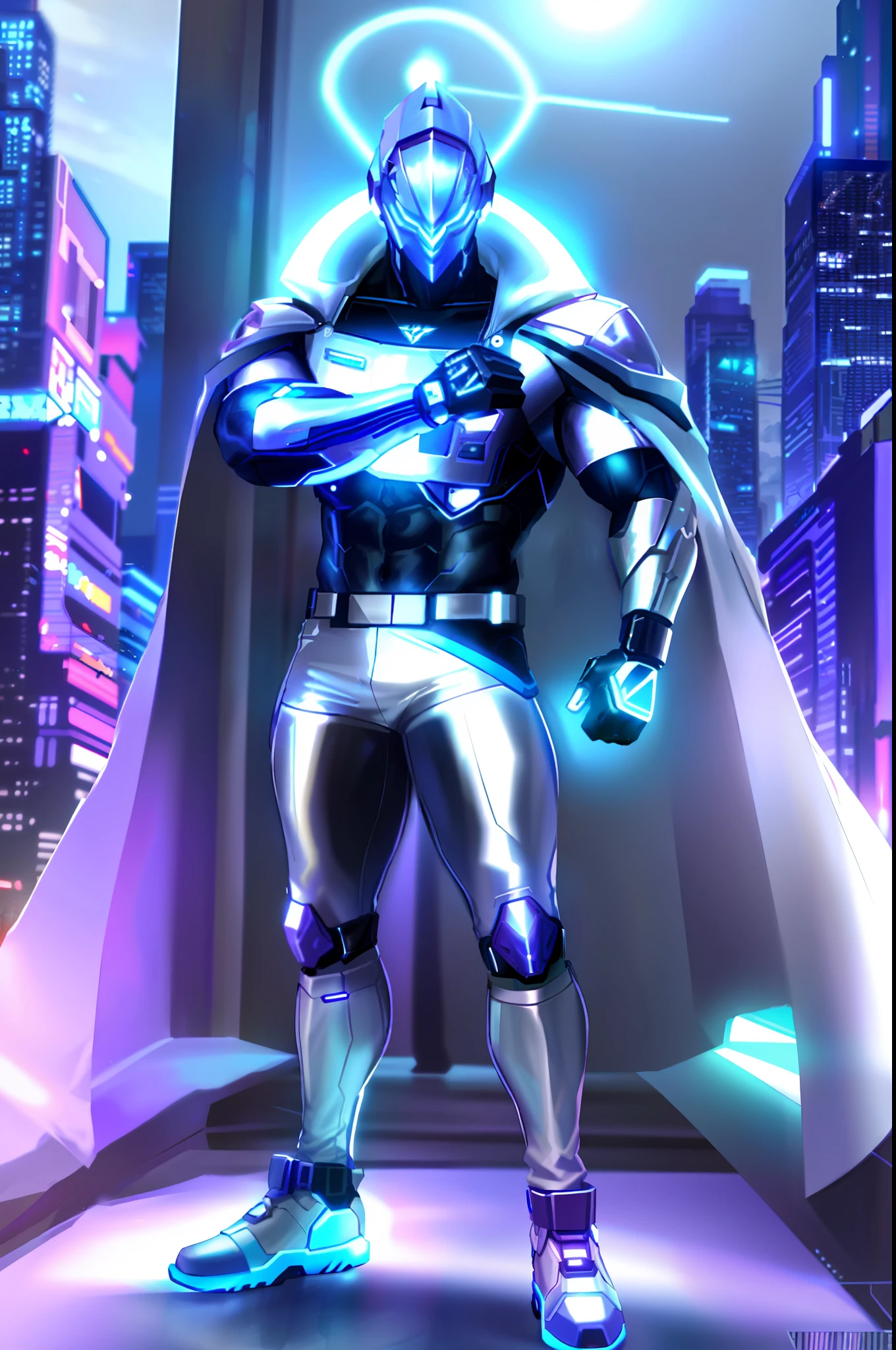 muscular man in a futuristic suit standing in a city, hero pose colorful city lighting, baptiste from overwatch, sigma from overwatch, cyber universe style, cyberpunk hero, covered in full silver armor, muscular! cyberpunk, full portrait of electromancer, silver cyber suit, sleek silver armor, with sleek silver armor, cyborg male, clothed in cyber suit