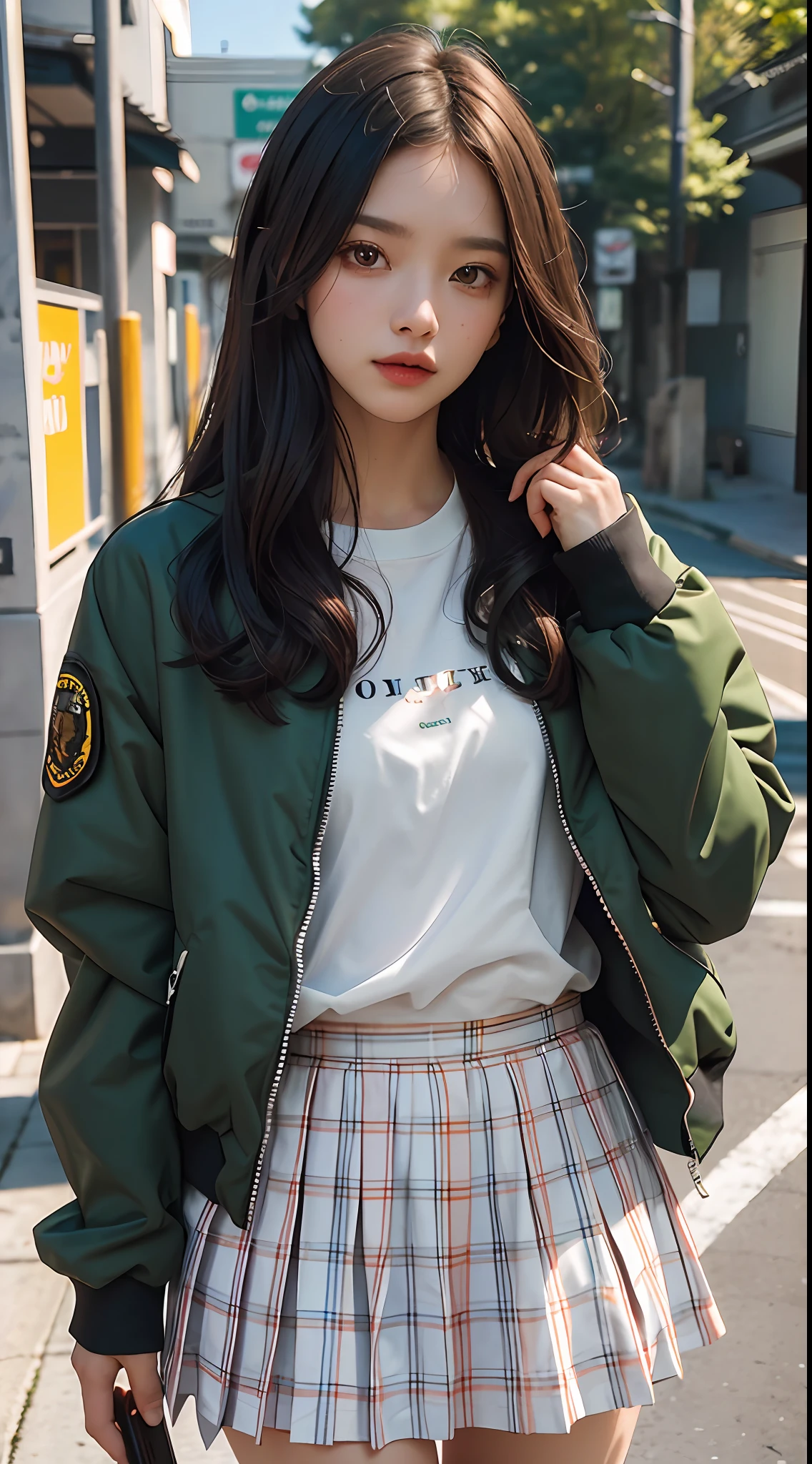 (masterpiece, best quality, pretty girl, beautiful face, 8k, raw photo, photorealistic, absurdres:1.2), dark green bomber Jacket, teens, cowboy shot, dutch angle, facelight, film grain, chromatic aberration, highres, ultra detailed, finely detail, detailed skin and eyes and face, sharp pupils, realistic pupils, sharp focus, street, orange shirt, plaid skirt