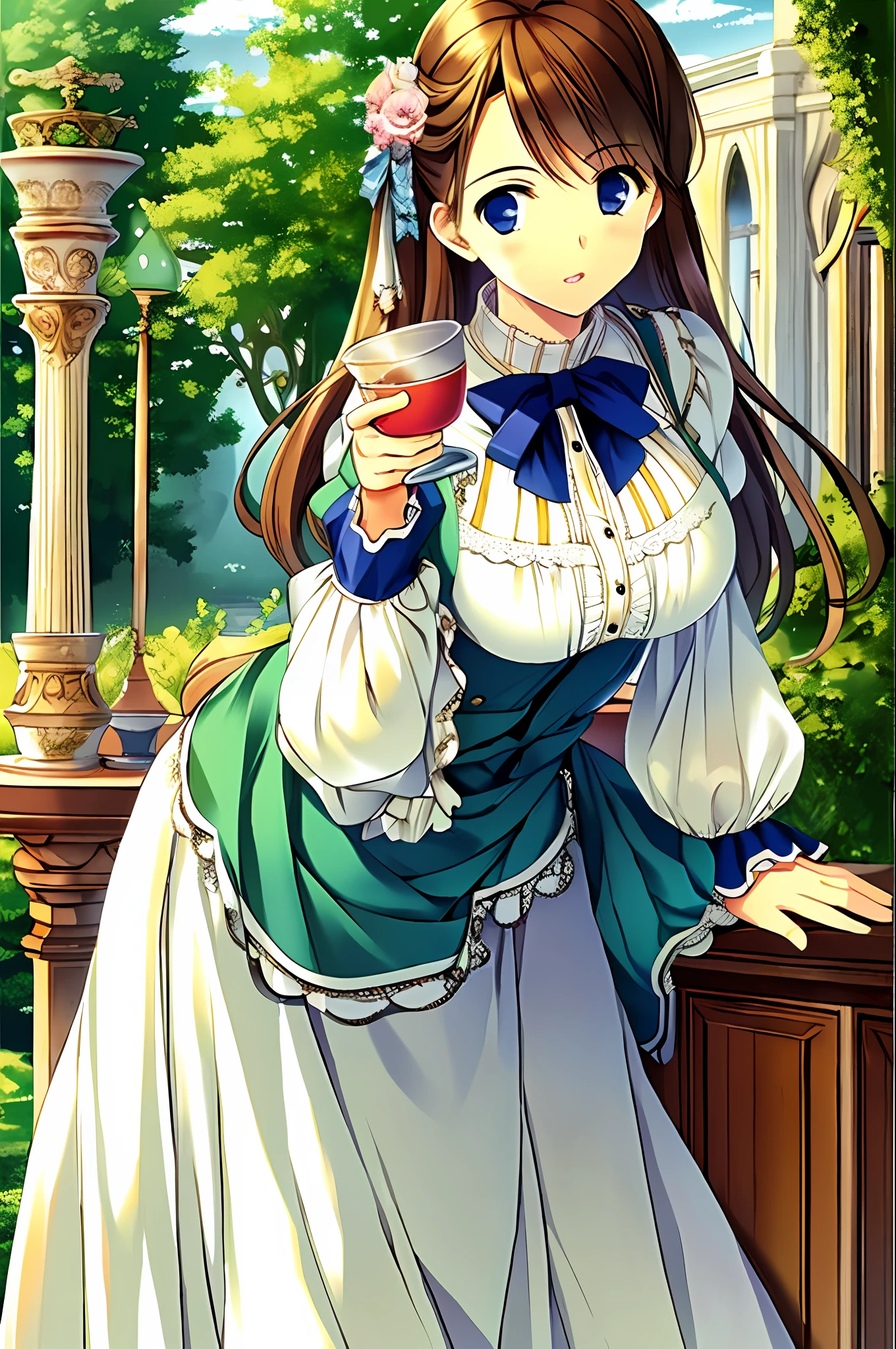 masterpiece, best quality, 1girl, leaning forward, solo, lactating into cup,