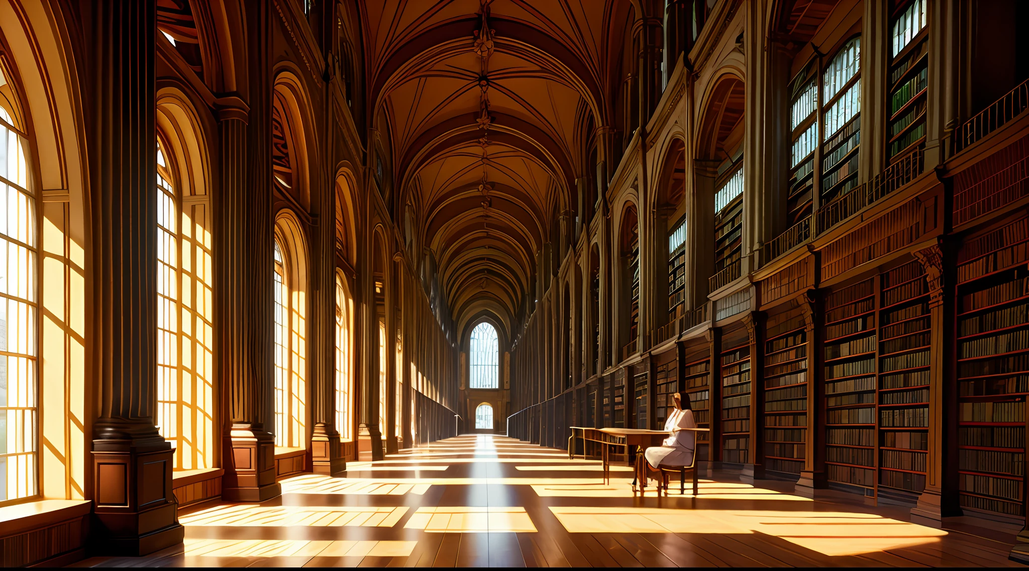 A vast and enigmatic library unfolds before the viewer. Thousands of books fill the towering shelves, and their colorful spines create a fascinating mosaic of knowledge. The upper corners of the bookshelves are covered with dust and cobwebs, suggesting the passage of time and countless secrets hidden within the pages. The dim ambient light penetrates the air, casting elongated shadows and giving the scene a quiet and mysterious atmosphere. The library's magnificent architecture, with its vaulted ceilings and ornate columns, further enhances the sense of awe and wonder. In the midst of this majestic environment, a very beautiful girl with glasses sits at a wooden table, illuminating her face with soft and warm light from a nearby lamp. Her delicate features are framed by her cascading hair, which falls gently over her shoulders, emphasizing her ethereal beauty. When she turns the pages of ancient writings, her eyes, full of curiosity and intelligence, seem to pierce through the dimness, searching for the hidden truths contained in the texts. Her slender fingers trace lines of text, revealing the awe for the wisdom afforded by the library's vast collection. The scene captures a sense of intrigue and wonder as a stunning girl lost in the world of books delves into the depths of knowledge and unearths enigmatic secrets hidden in the sacred halls of the library. HDR, (photorealism, masterpiece quality, highest quality), pureerosface_v1, pureerosface_v1,
