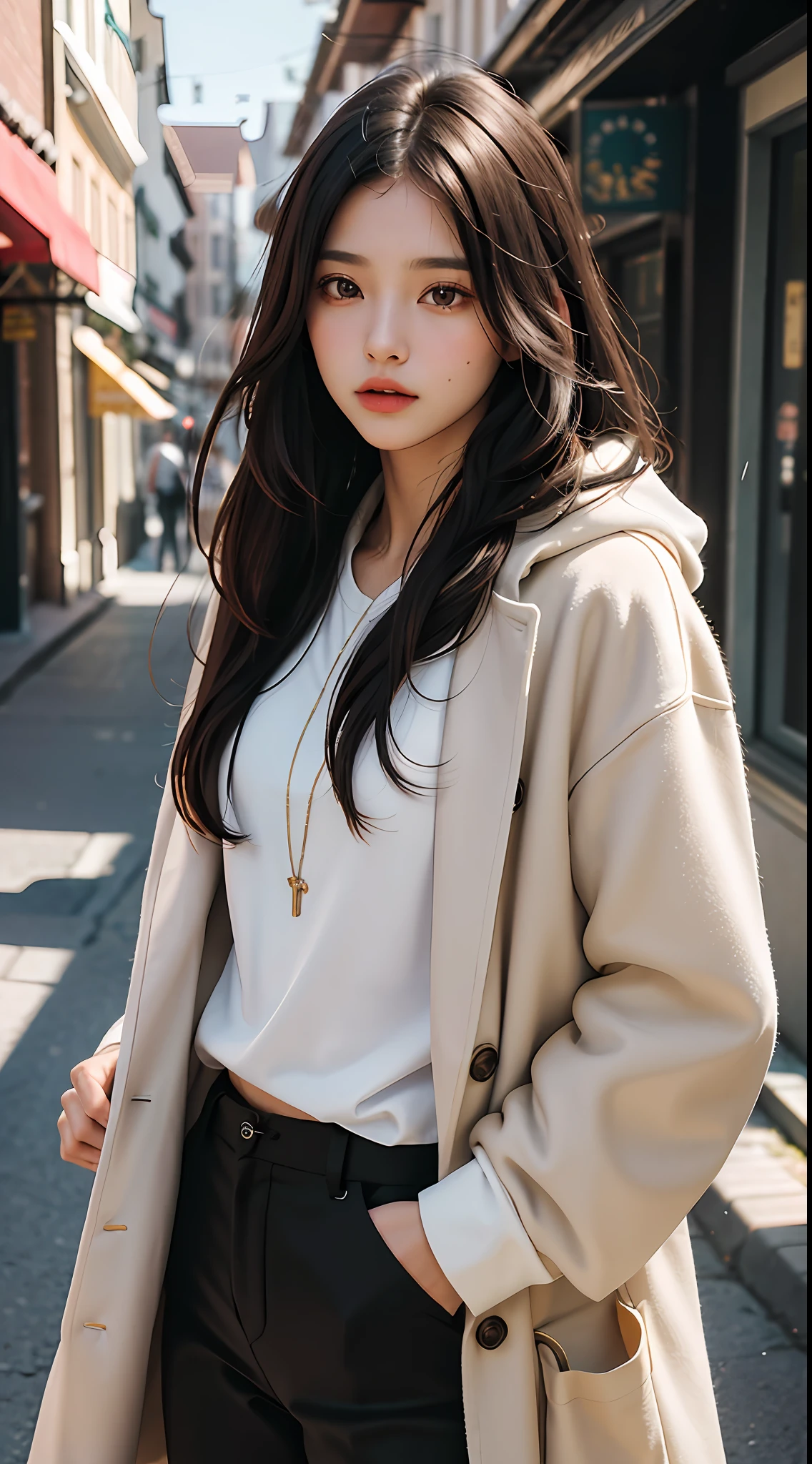 (masterpiece, best quality, pretty girl, beautiful face, 8k, raw photo, photorealistic, absurdres:1.2), (light beige fluffy coat:1.1), teens, cowboy shot, dutch angle, facelight, film grain, chromatic aberration, highres, ultra detailed, finely detail, detailed skin and eyes and face, sharp pupils, realistic pupils, sharp focus, street, black hair, skinny long pants