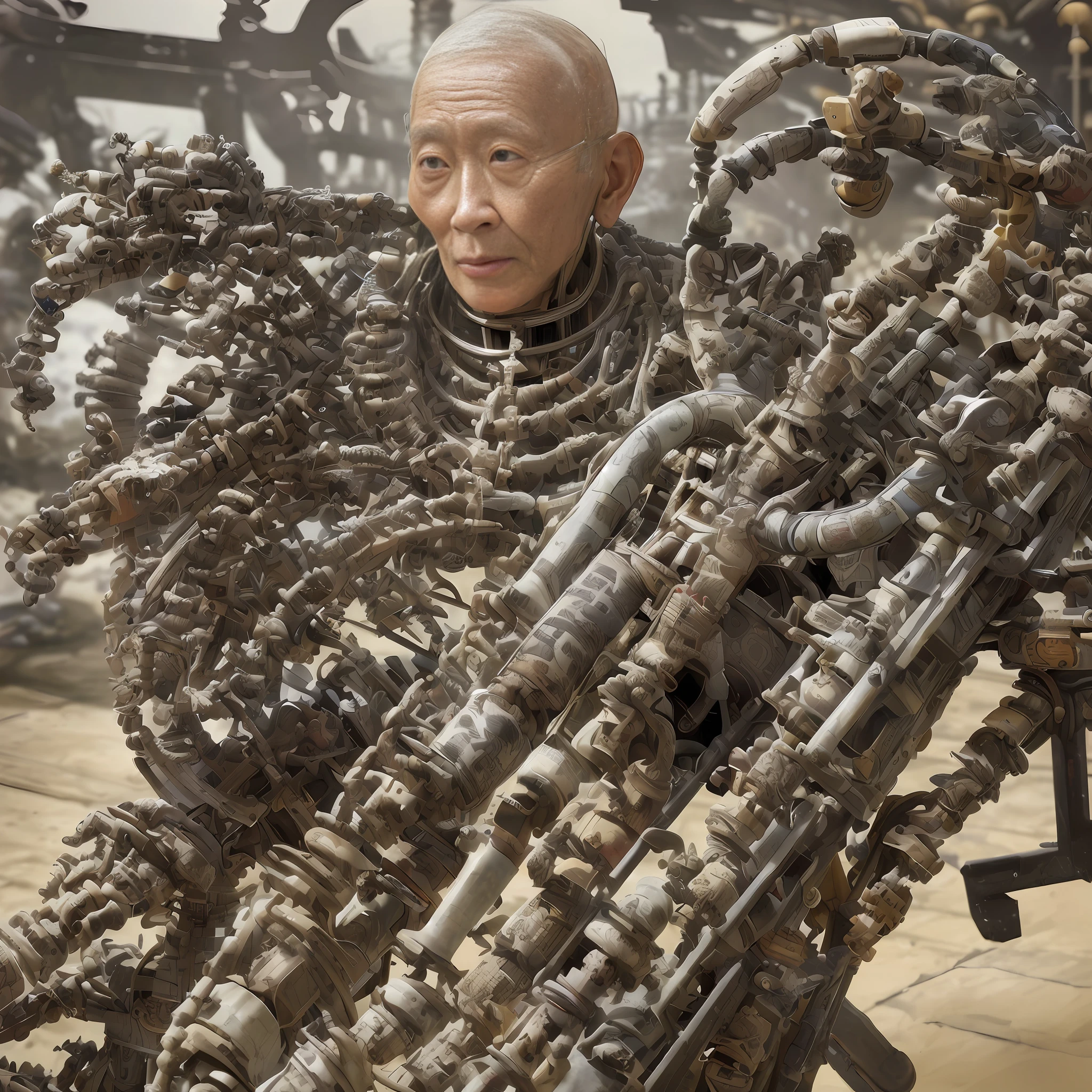 (photo realistic:1.4),masterpiece, ultra-detailed,very old japanese great grandpa cyborg,(many tube attaching to head and back:1.3), emaciated,from front, cowboy shot, blurry background,Shinto shrine,surrounded by many machines