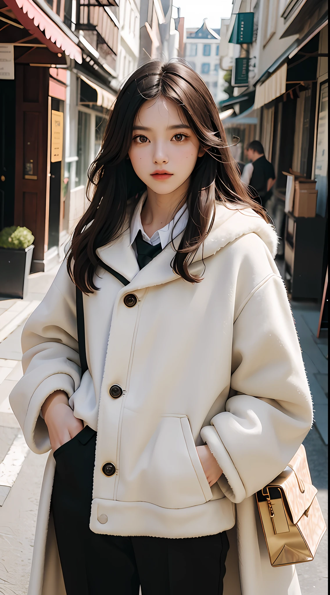 (masterpiece, best quality, pretty girl, beautiful face, 8k, raw photo, photorealistic, absurdres:1.2), (light beige fluffy coat:1.1), teens, cowboy shot, dutch angle, facelight, film grain, chromatic aberration, highres, ultra detailed, finely detail, detailed skin and eyes and face, sharp pupils, realistic pupils, sharp focus, street, black hair, skinny long pants