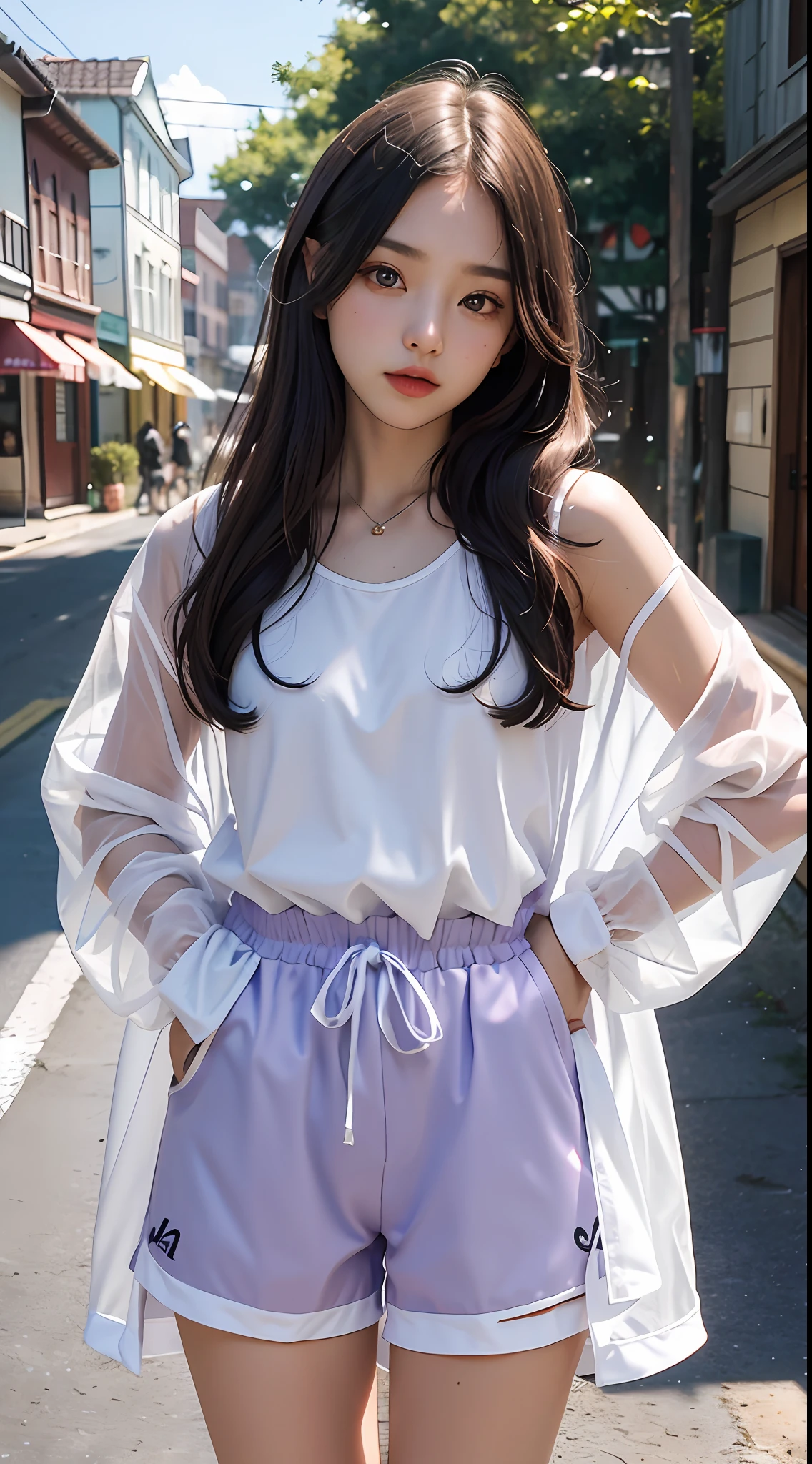 (masterpiece, best quality, pretty girl, beautiful face, 8k, raw photo, photorealistic, absurdres:1.2), transparent raincoat, teens, cowboy shot, dutch angle, facelight, film grain, (black gym shorts:1.1), chromatic aberration, highres, ultra detailed, finely detail, detailed skin and eyes and face, sharp pupils, realistic pupils, sharp focus, street, light violet tanktop
