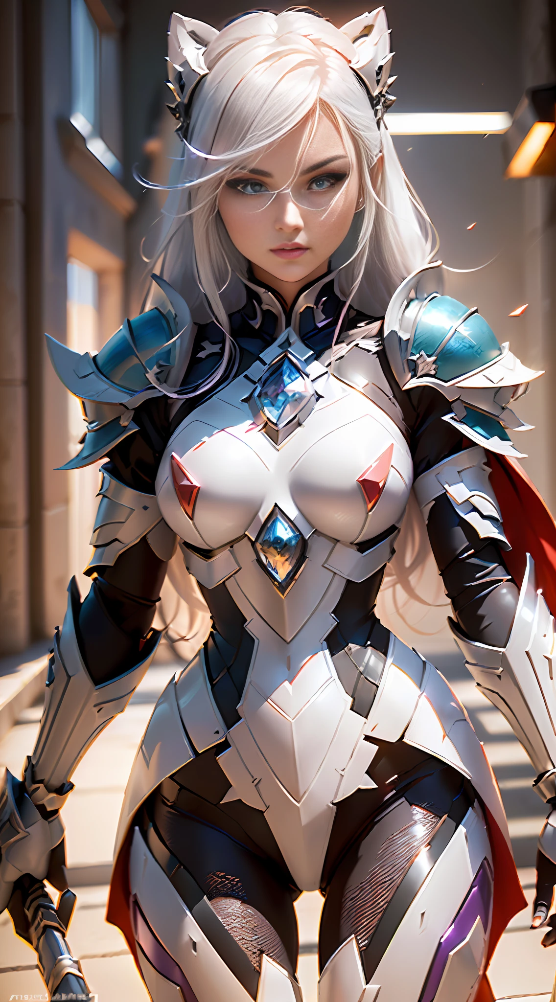 Armor female ninja, fantasy style, night, sexy, charming facial features, ready to fight, serious expression, long white hair, (makeup: the color system is mainly bright white, plain silk, champagne and light pink, with a hint of aqua red or orange. Purple eyeshadow, black eyeliner and eyelash squares, coral color on lips to add freshness and texture throughout the makeup. Crystal material (3D rendered armor, refractive index: 1.76 - 1.78, reflectivity: 0.03 - 0.05, ambient light: between 20 - 50, color: dark red, moderate saturation, light source type: Ambient Light: 1.2, light source color: Northern lights, light source intensity: between 1 - 2, light source direction: the position and direction of the light source are adjusted appropriately according to the shape and material of the item, number of light sources: 2 - 3 light sources ) crystal exoskeleton, red cape, Beautiful Female Knight, Detailed Fantasy Art, Colorful Crystal Armor, (Color 0.5), (Crystal Texture: 1.5), Smooth Surface, High Transparency, High Definition, Texture and Detail in Material Interior, Piezoelectric Effect, Inverse Piezoelectric Effect, Optical Diffraction, Stunning Armor, 2.5 d CGI Fantasy Artwork, 4 k Detail Fantasy, High Detail, Surrealism, Cubism, Constructivism, chiaroscuro, ray tracing, backlighting, stereogram, cinematic lighting, UHD, retina, masterpiece, ccurate, anatomically correct, highres, best quality, textured skin, HD, 4K
