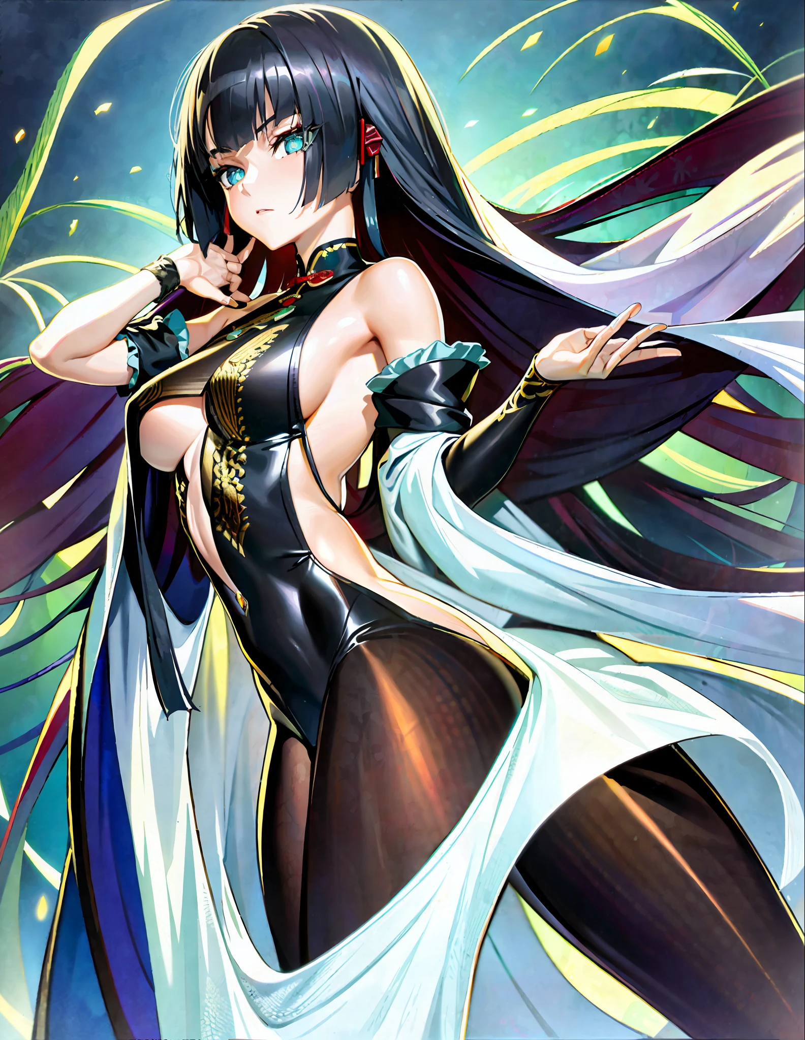 Masterpiece, Excellent, 1girl, aqua pupils, black hair, shut up, colorful background, looking at the audience, outdoors, solo, upper body, seduction, clean, beautiful face, pure face, pale skin, sexy pose, long hair, ((perfect female body)), milf, mature woman, narrow waist, chinese honde