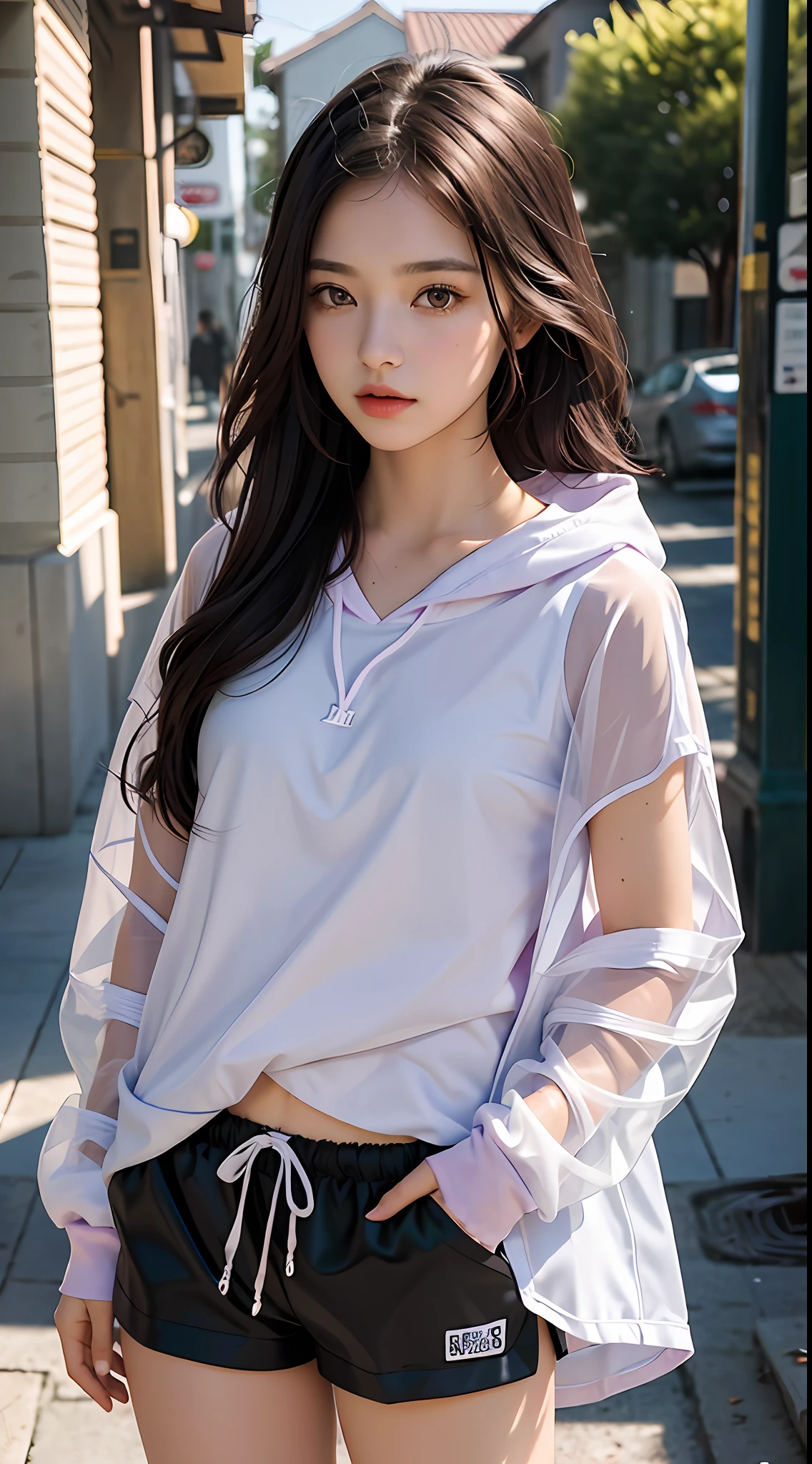 (masterpiece, best quality, pretty girl, beautiful face, 8k, raw photo, photorealistic, absurdres:1.2), transparent raincoat, teens, cowboy shot, dutch angle, facelight, film grain, chromatic aberration, highres, ultra detailed, finely detail, detailed skin and eyes and face, sharp pupils, realistic pupils, sharp focus, street, light violet tanktop, black gym shorts