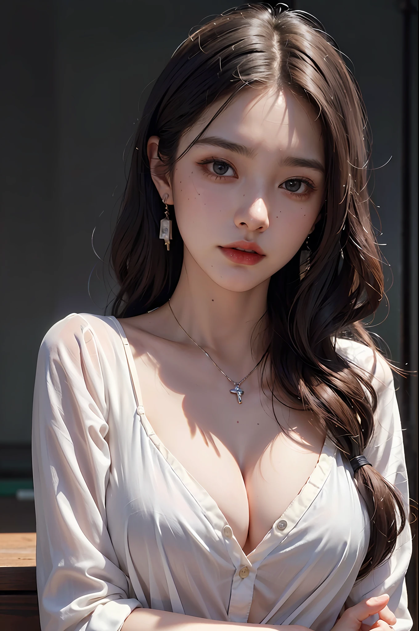 (button up to shirt length: 1.2), (White shirt wet by rain), (unbuttoned shirt: 1.1), big breasts, deep cleavage, best quality, masterpiece, illustration, very delicate and beautiful, very detailed, CG, Unity, 8K wallpapers, amazing, fine detail, highly detailed CG Unity 8K wallpapers, huge file size, very detailed, high resolution, handsome detailed woman, very detailed eyes and face,  Stunning detailed eyes, light on the face, (Best illustration: 1.1), (best shadow: 1.1), ultra high resolution, (photorealistic: 1.1), (photorealistic 1.2:1.1), realistic face proportions, slim, smile, (makeup: 0.4), (fluffy black eyes: 1.21), black eyes, looking at the viewer, dark brown hair, earrings, necklaces, hairpins, cowboy shots, (irregular irregular skin imperfections, veins, skin wrinkles pores: 1.2), (dark night background: 1.2), (bokeh: 1.4),