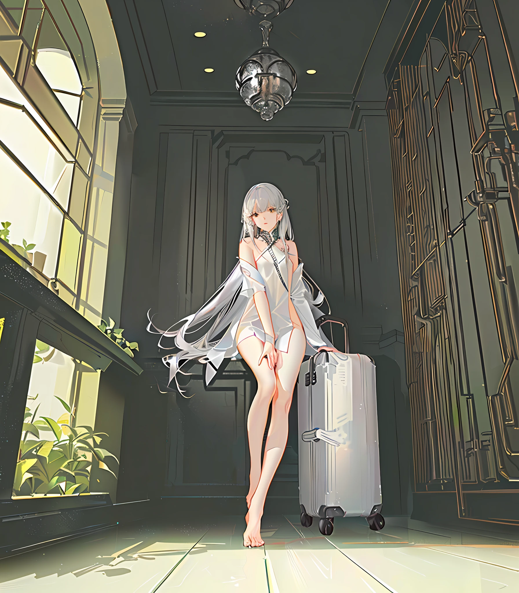 1 female, silver hair, split legs, naked