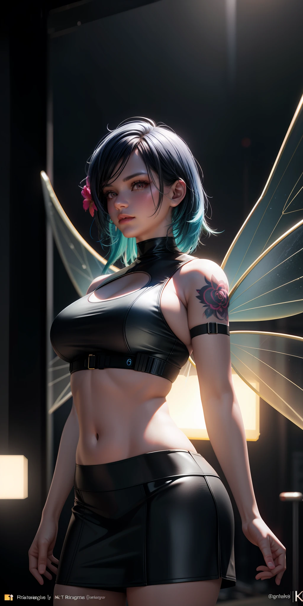 realistic, 1girl, rainbow hair, bright eyes, cropped top, skirt, lips half-open, blush, night, flowers, sun, sunlight, multiple poses, cyberpunk, curvy body, model, fitnes, fairy wings, tattoo, neon, ultra realistic, 8k, intricate detail, render 8k cg, octane render - 8k, octane black render, octane render 8k hdr, render in unreal engine 5, 8k 3d octane render,  8k 3d octane rendering, cinematic octane rendering, cinematic filming