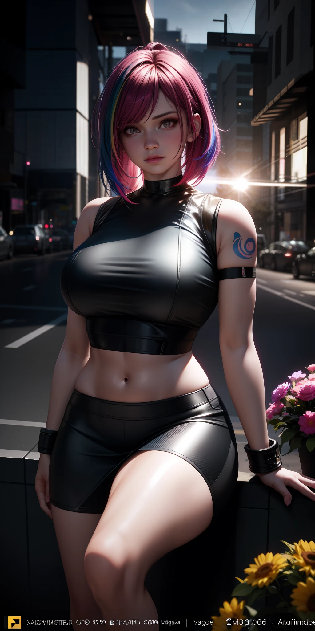 realistic, 1girl, rainbow hair, bright eyes, cropped top, skirt, lips half-open, blush, night, flowers, sun, sunlight, multiple poses, cyberpunk, curvy body, model, fitnes, fairy wings, tattoo, neon, ultra realistic, 8k, intricate detail, render 8k cg, octane render - 8k, octane black render, octane render 8k hdr, render in unreal engine 5, 8k 3d octane render, 8k 3d octane rendering, cinematic octane rendering, cinematic filming