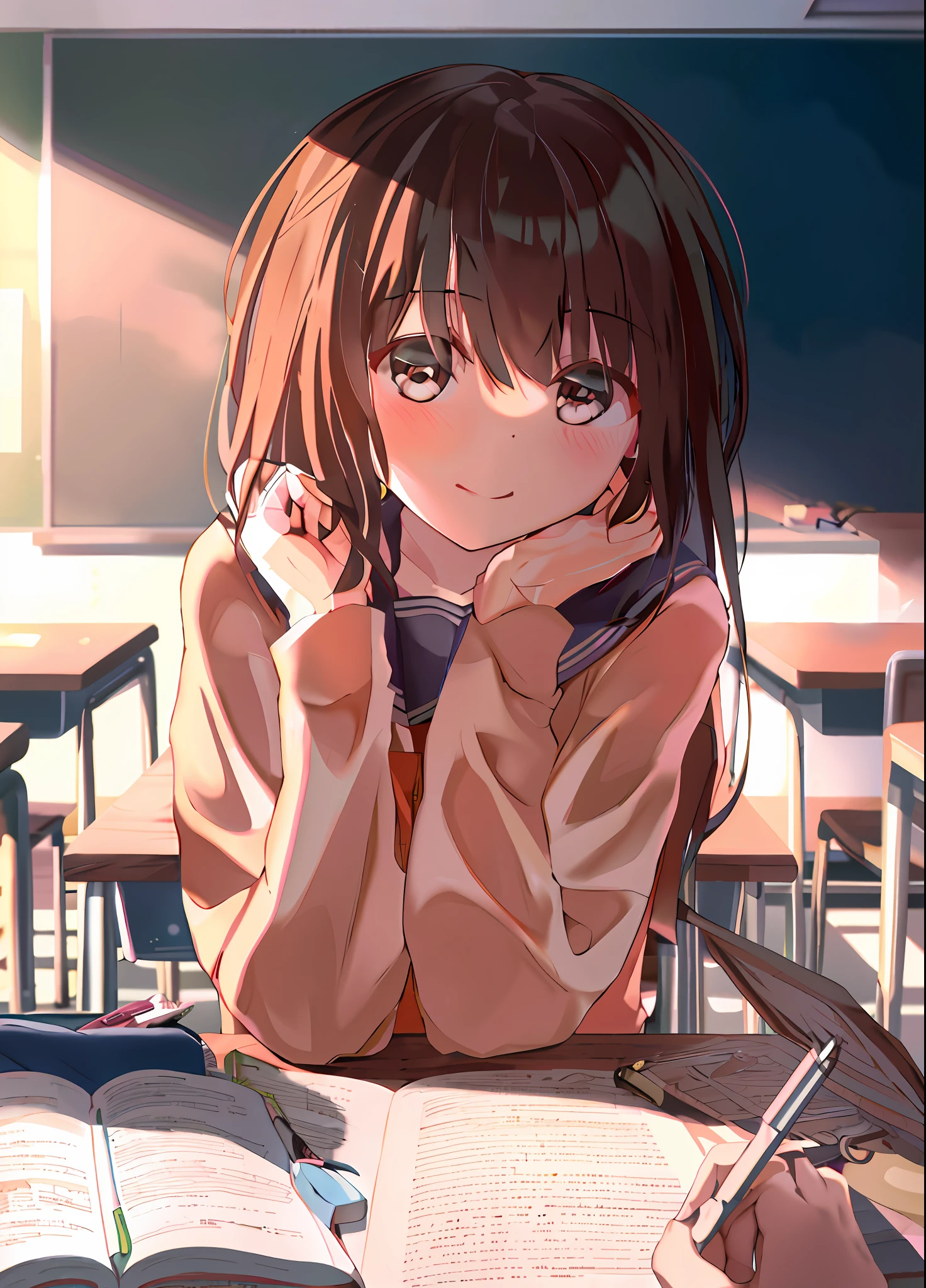 anime girl sitting at a desk with a book and pen, anime style 4 k, cute anime girl, anime moe artstyle, (anime girl), beautiful anime high school girl, seductive anime girl, 4k anime wallpaper, anime visual of a cute girl, anime. soft lighting, an anime girl, anime girl, smooth anime cg art, 4 k manga wallpaper