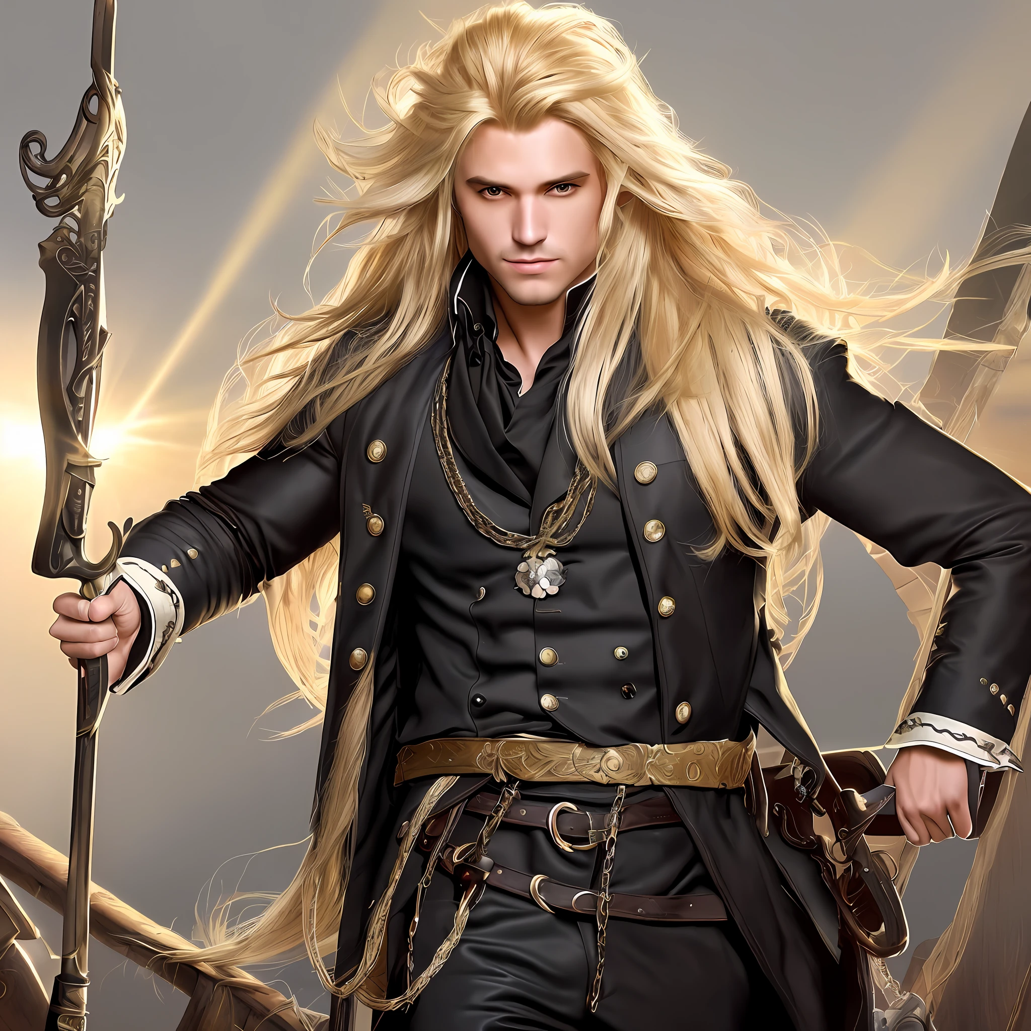 (best quality, high resolution) A portrait of a male pirate (30 years old) in a black vest, (blonde long hair), (European), standing on a ship with (sun rays), (dynamic pose), (highlights on the hair and vest), (shadow on the face).