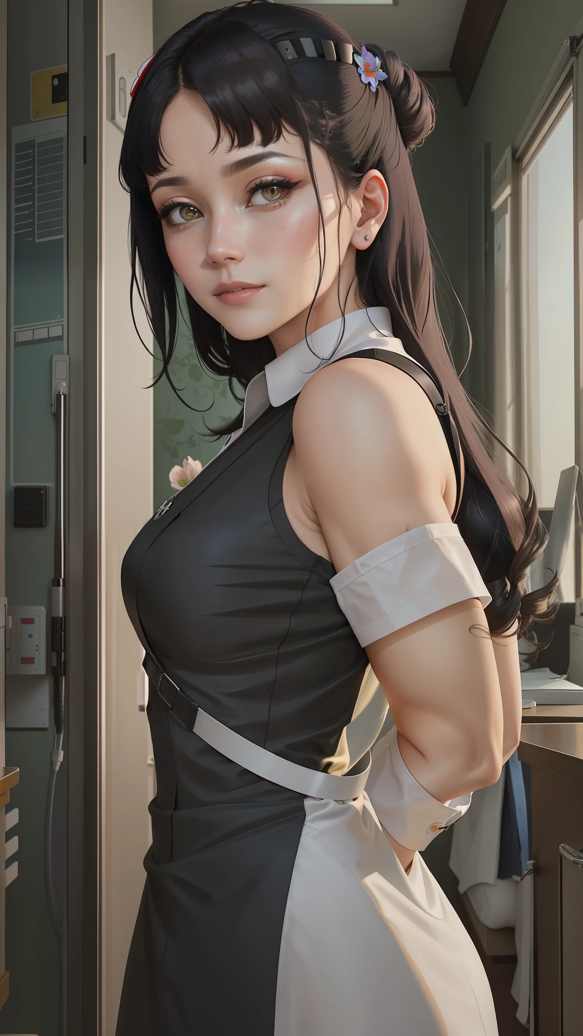 Dressed in a sleek and form-fitting nurse's uniform,
Her pose exudes confidence and allure,
Against a vibrant backdrop of colorful wallpaper,
Her hair cascades in soft waves around her shoulders,
She gazes seductively, invitingly,
Viewed from a slightly elevated angle,
The scene captures a sense of sensuality,
With the hospital equipment subtly in the background,
Creating a juxtaposition between passion and healing.