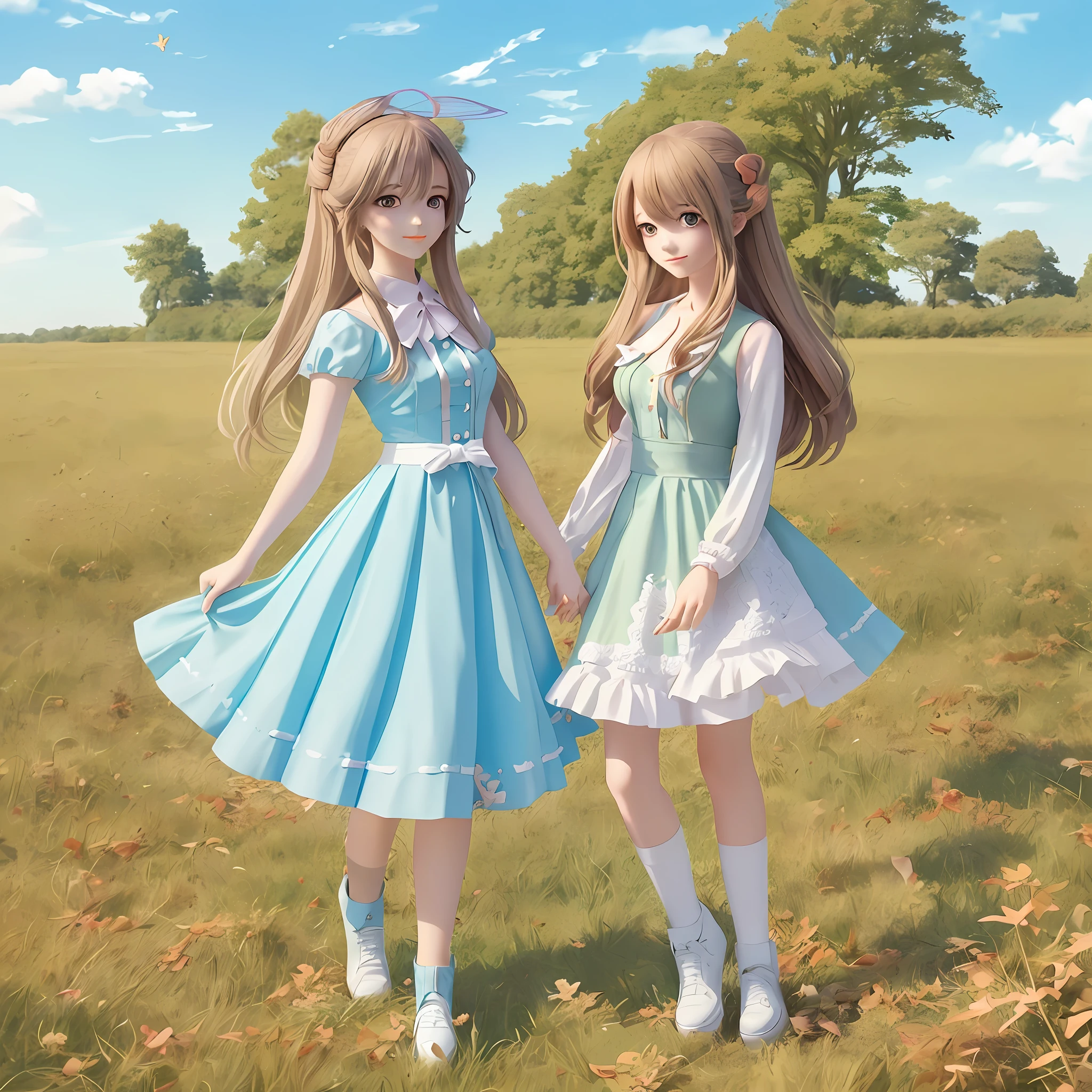 anime characters are standing in a field with a sky background, anime cover, cute art style, lovely couple, 🍂 cute, style anime, in anime style, pinterest anime, 🍁 cute, clean detailed anime style, boy and girl, cute anime style, high quality anime artstyle, high quality fanart, anime style only, in an anime style, anime art style