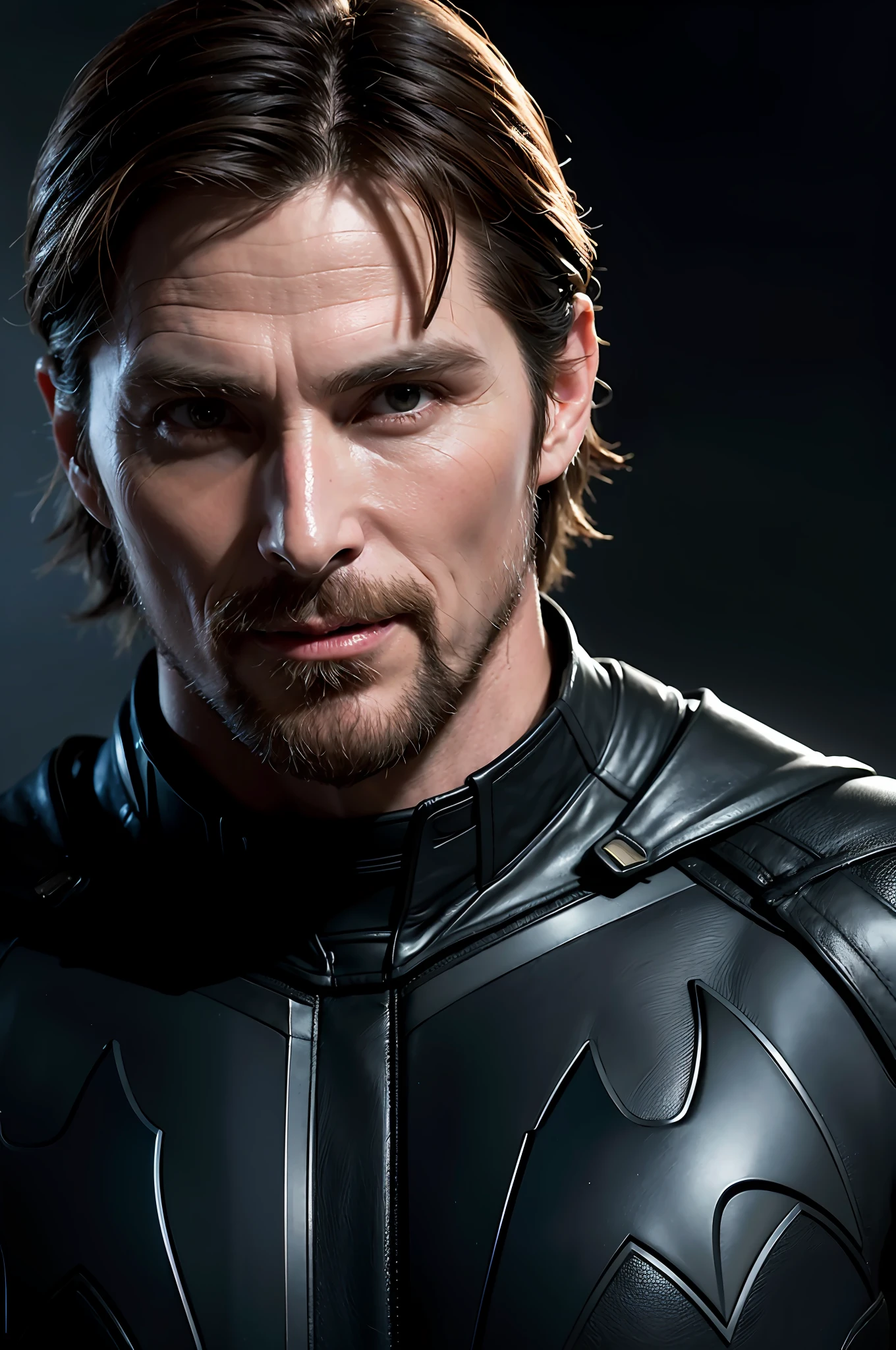 DC, Old Man's Christian Bale, Batman's Top, Smile, Realistic, Dynamic Lights, Old, Stubble, Full Shot, (Very Detailed CG Unified 8k Wallpaper), Trends on ArtStation, Trends on CGSociety, High Detail, Sharp Focus, Dramatic, Photorealistic Reality